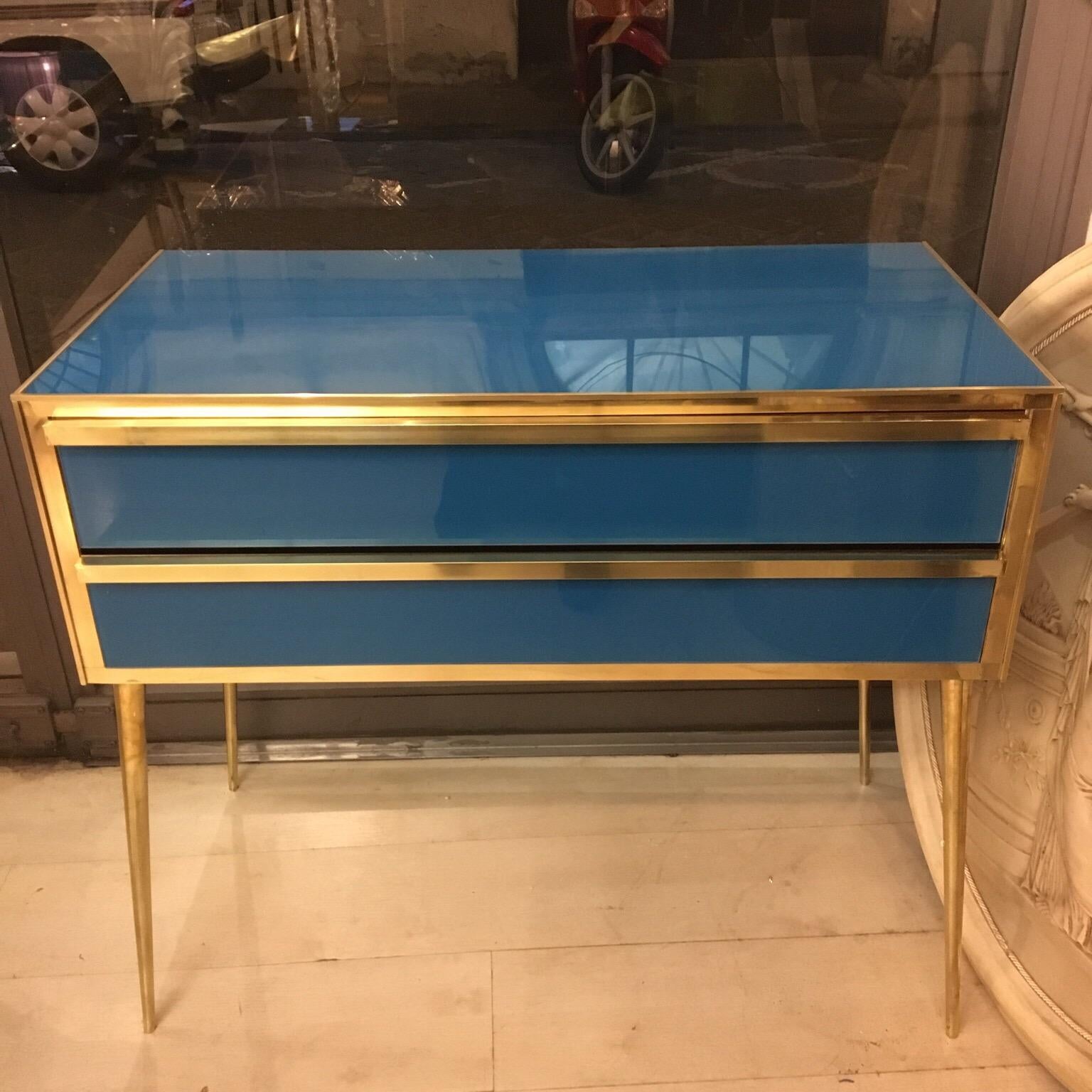 European Peacock Blue Opaline Glass Chest of Drawers Brass Fittings, 1950s
