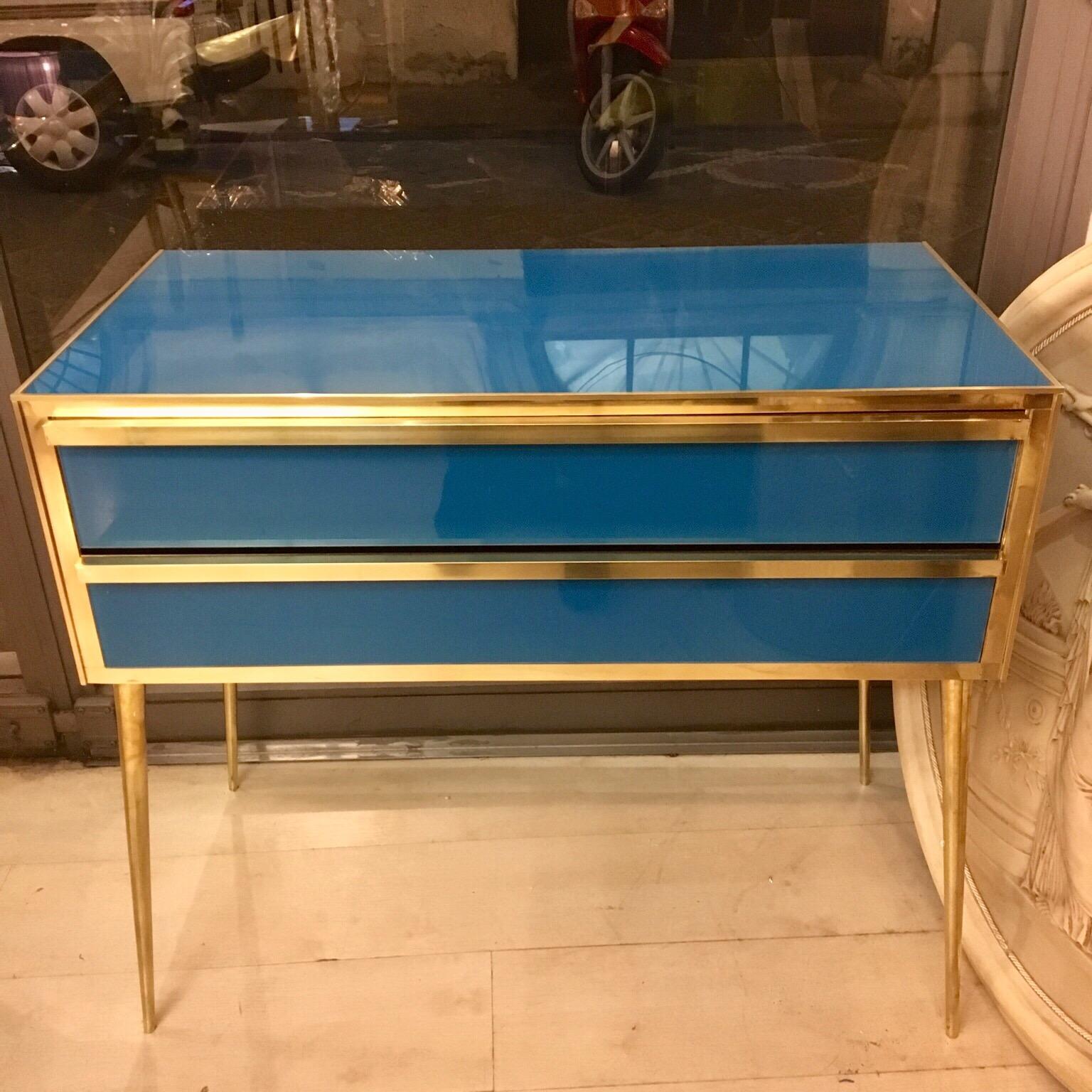 Mid-20th Century Peacock Blue Opaline Glass Chest of Drawers Brass Fittings, 1950s