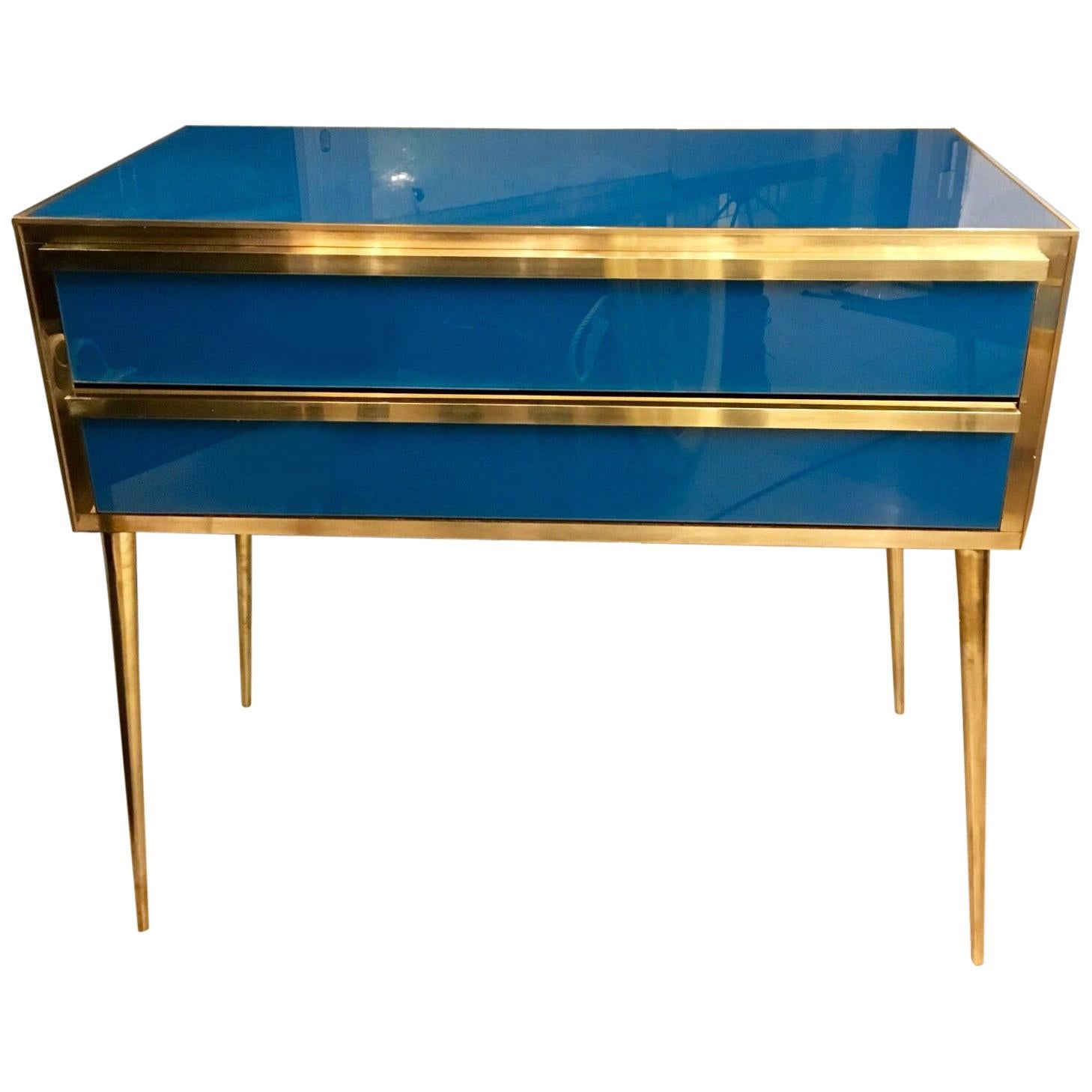 Peacock Blue Opaline Glass Chest of Drawers Brass Fittings, 1950s