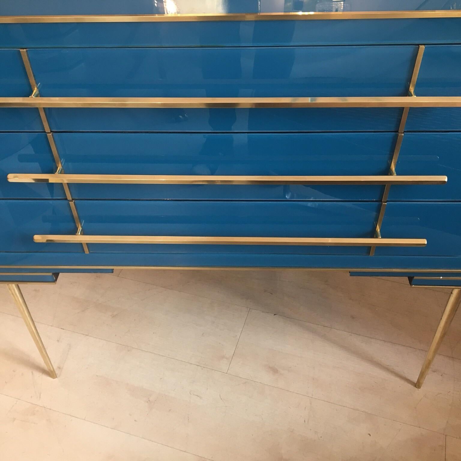 Peacock Blue Opaline Glass Italian Chest of Drawers with Brass Fittings, 1970s 8
