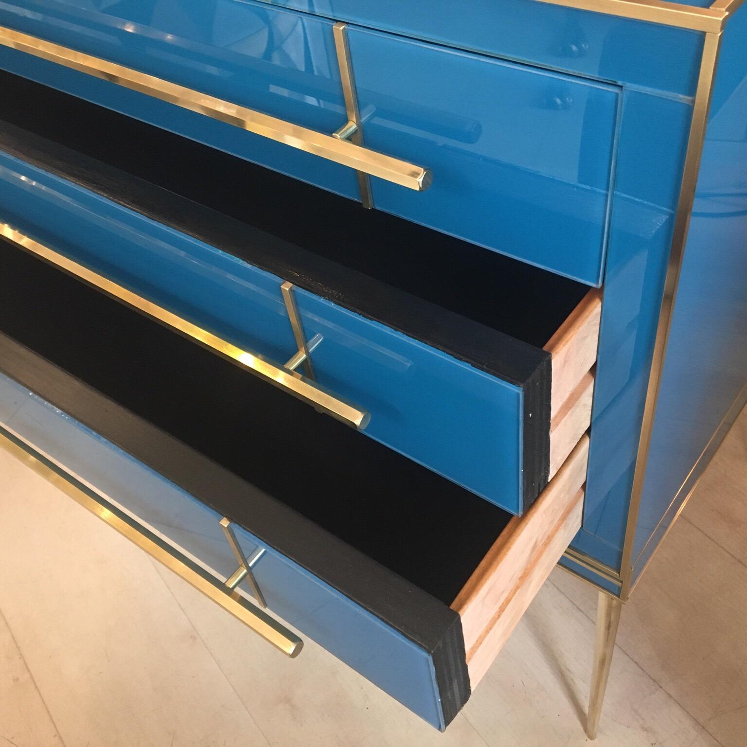 Peacock Blue Opaline Glass Italian Chest of Drawers with Brass Fittings, 1970s 11