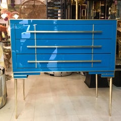 Peacock Blue Opaline Glass Italian Chest of Drawers with Brass Fittings, 1970s