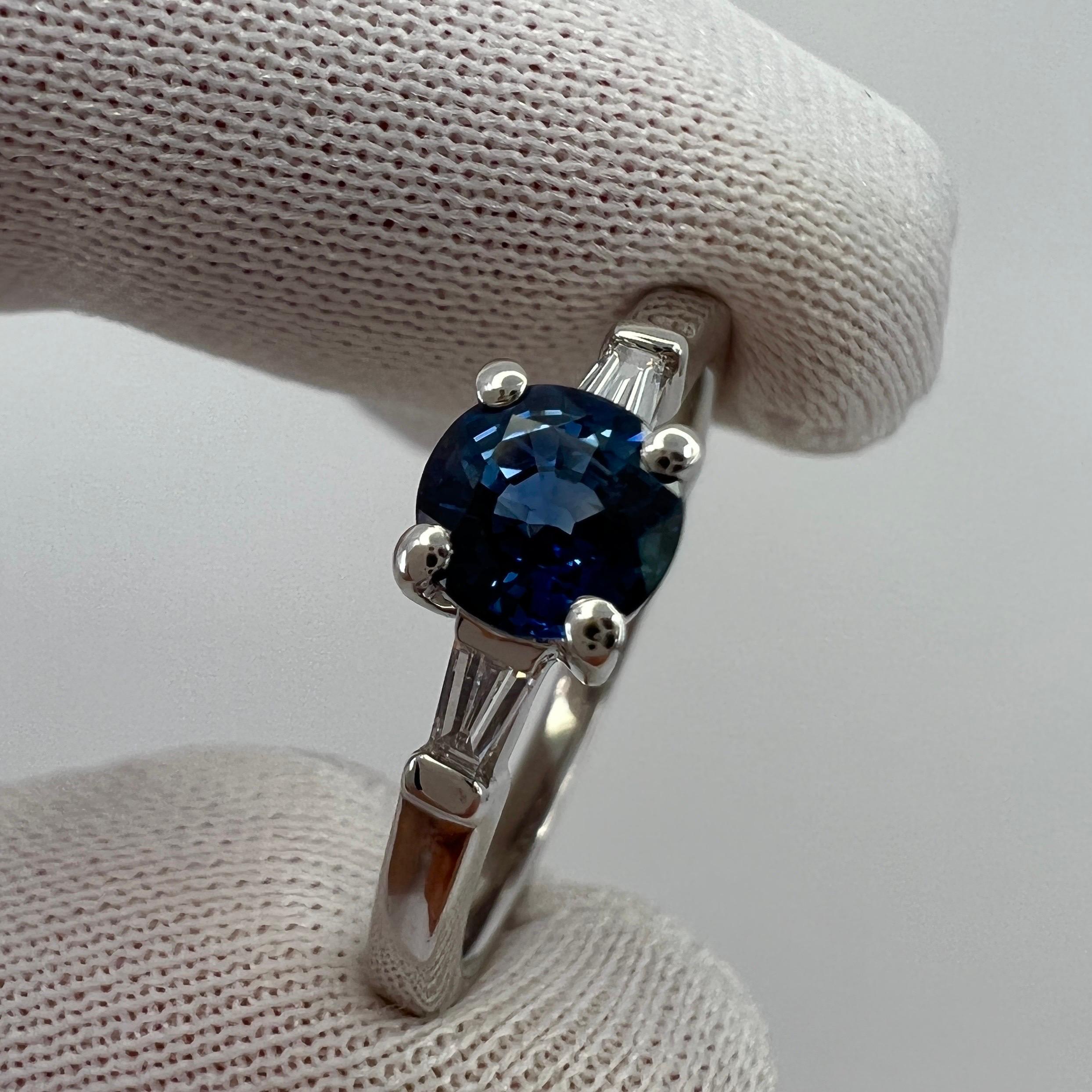 Peacock Blue Sapphire & Tapered Baguette Diamond 18k White Gold Three Stone Ring 2