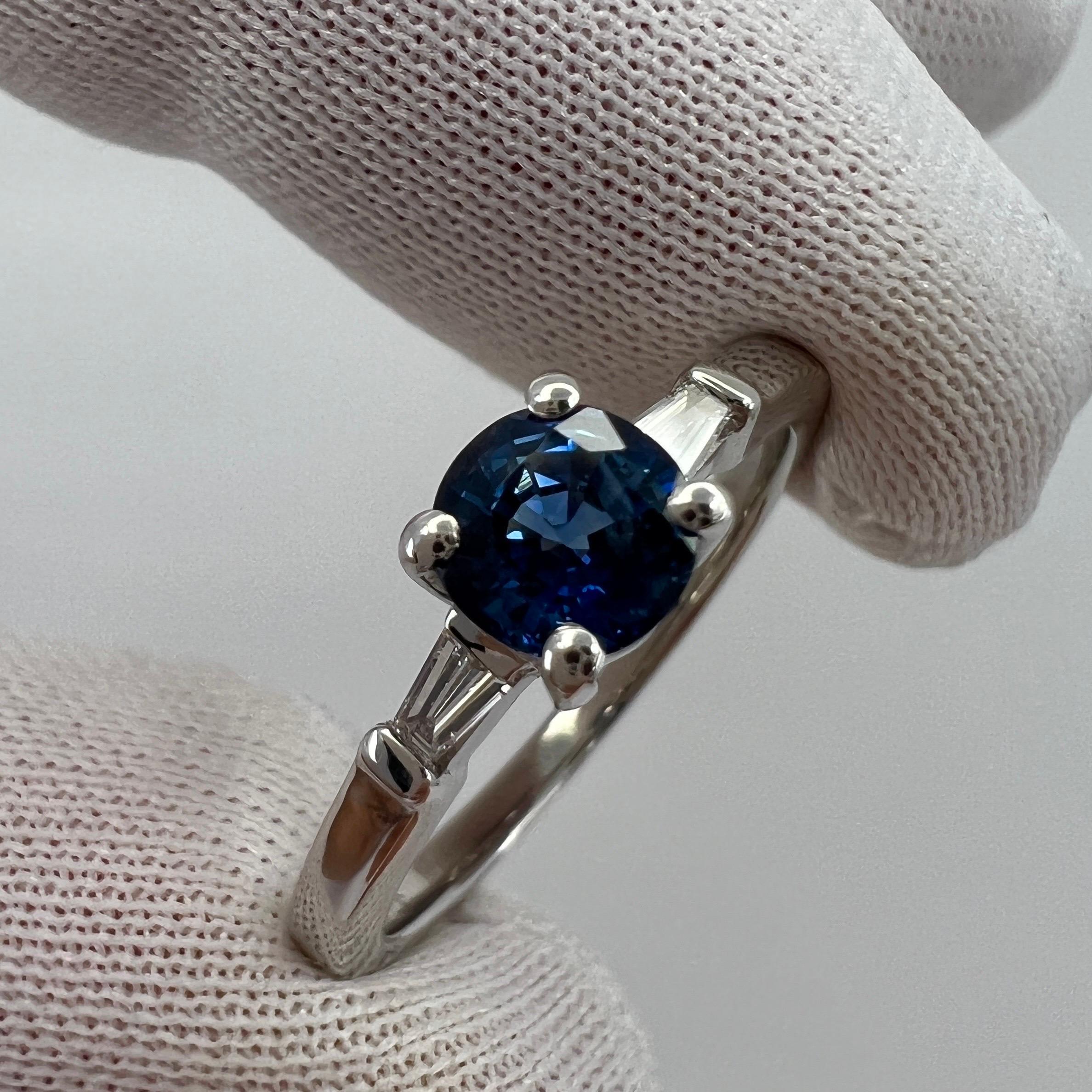 Peacock Blue Sapphire & Tapered Baguette Diamond 18k White Gold Three Stone Ring 4