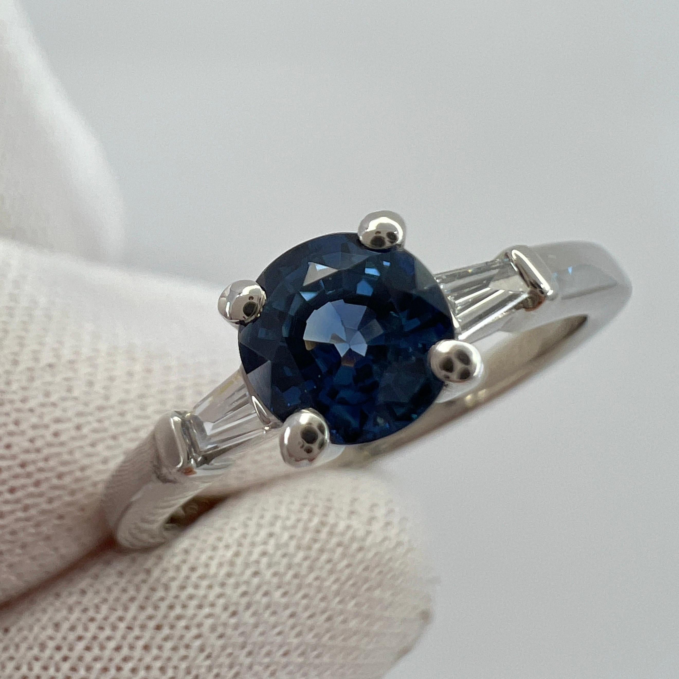 Round Cut Peacock Blue Sapphire & Tapered Baguette Diamond 18k White Gold Three Stone Ring