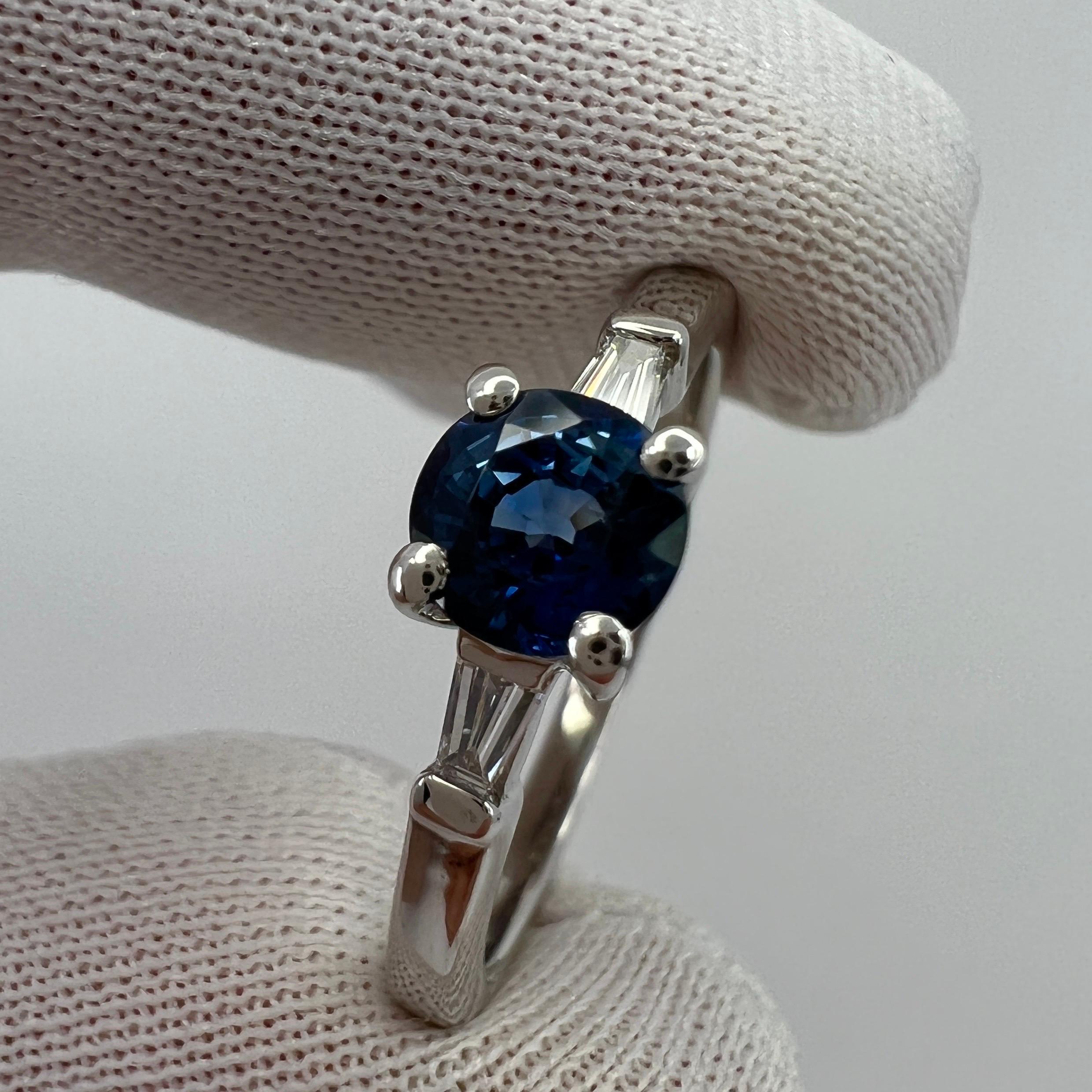 Peacock Blue Sapphire & Tapered Baguette Diamond 18k White Gold Three Stone Ring In New Condition In Birmingham, GB