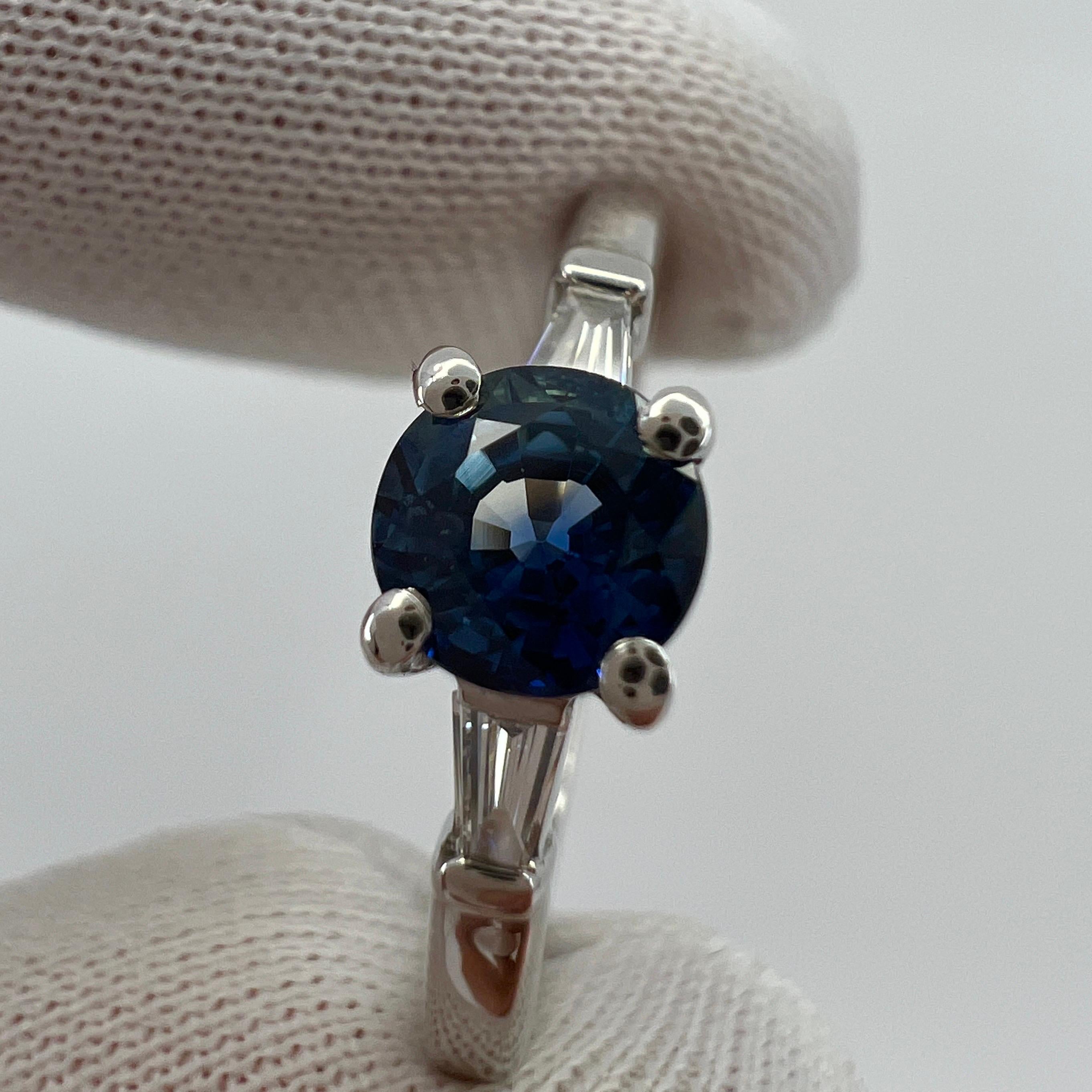 Women's or Men's Peacock Blue Sapphire & Tapered Baguette Diamond 18k White Gold Three Stone Ring