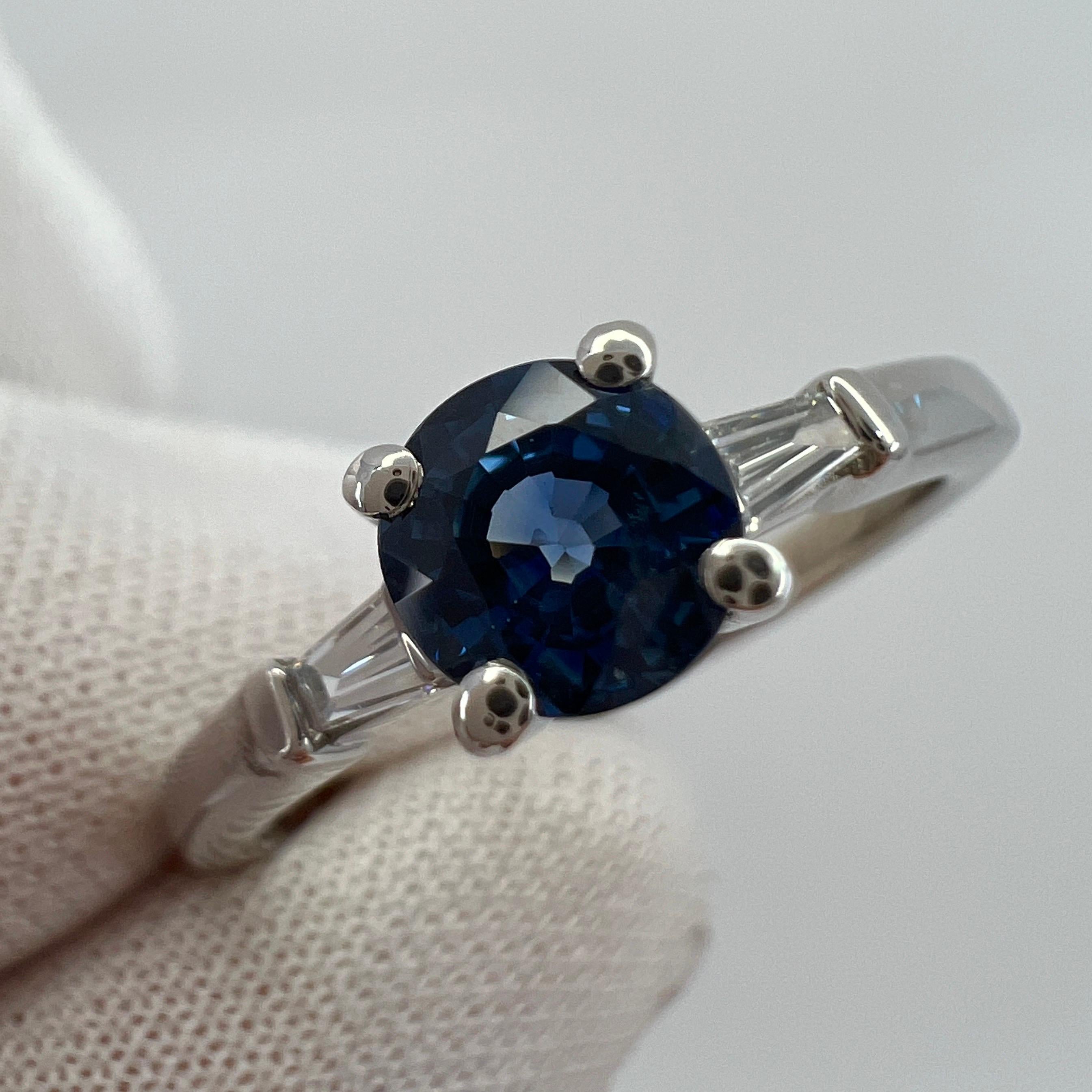 Peacock Blue Sapphire & Tapered Baguette Diamond 18k White Gold Three Stone Ring 1