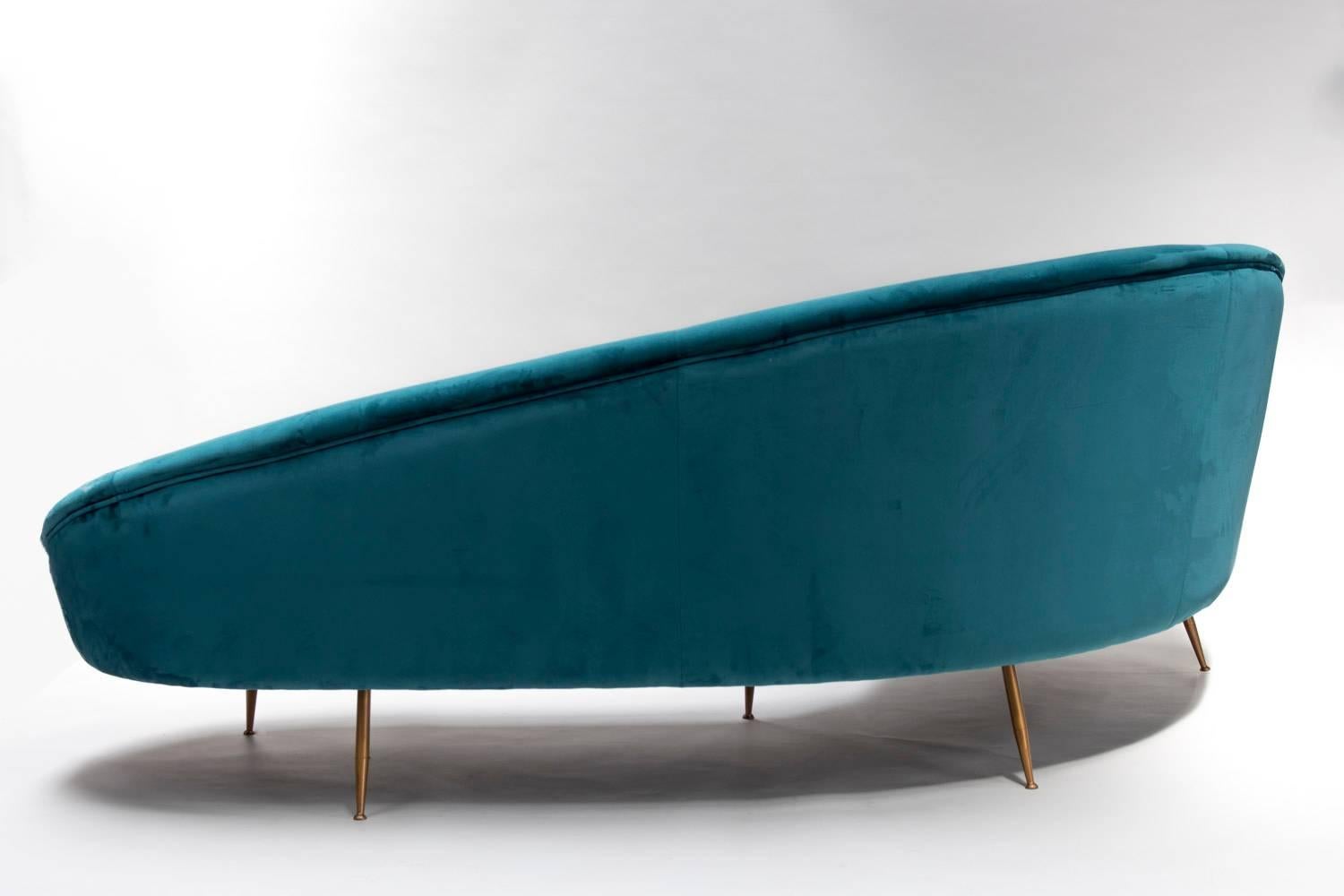 Contemporary Peacock Blue Velvet 1950s Style Sofa, Italian Work