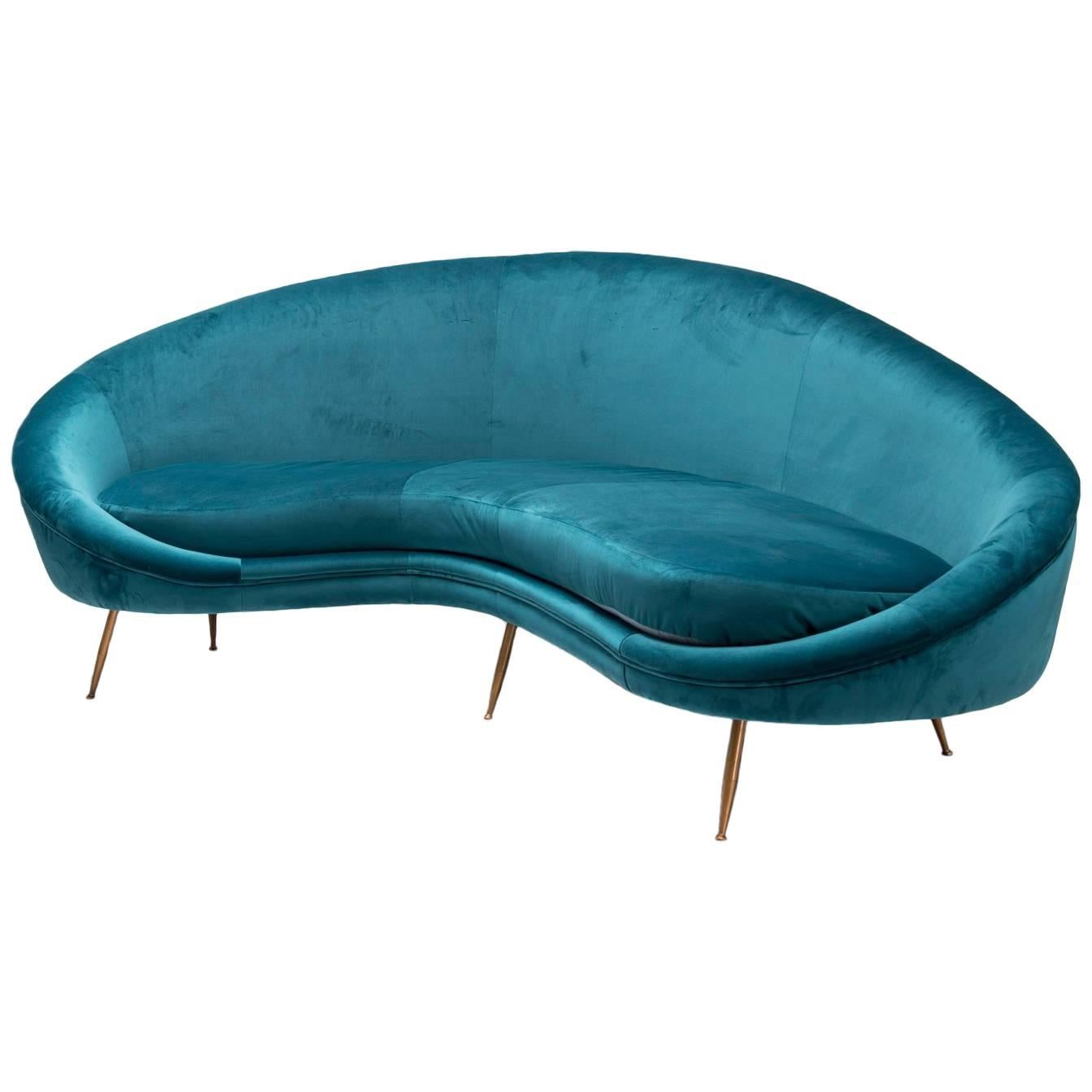 Peacock Blue Velvet 1950s Style Sofa, Italian Work