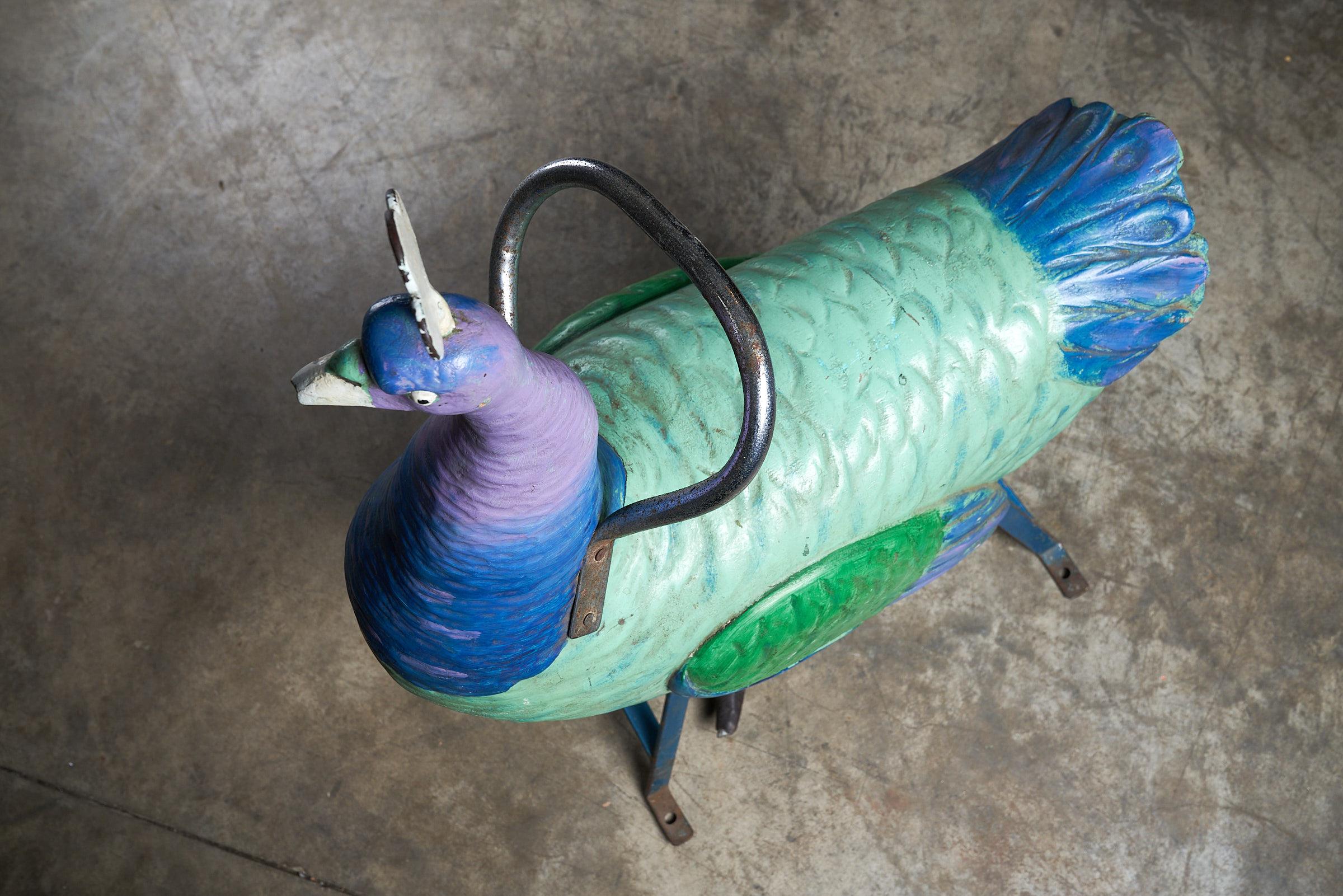 Metal Peacock Carved Wooden Carousel Figure: Antique For Sale