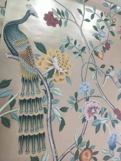 Peacock Chinoiserie Wallpaper Hand Painted Wallpaper on Champagne Metallic