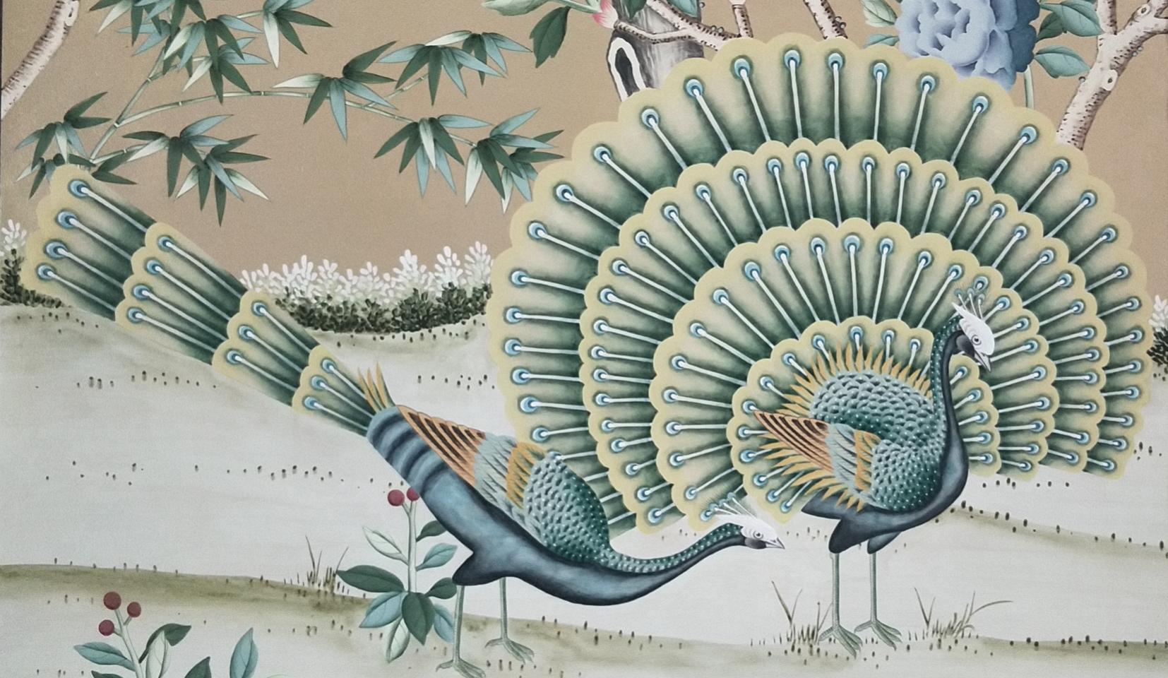 Hand-Painted Peacock Chinoiserie Wallpaper Hand Painted Wallpaper on Champagne Metallic For Sale