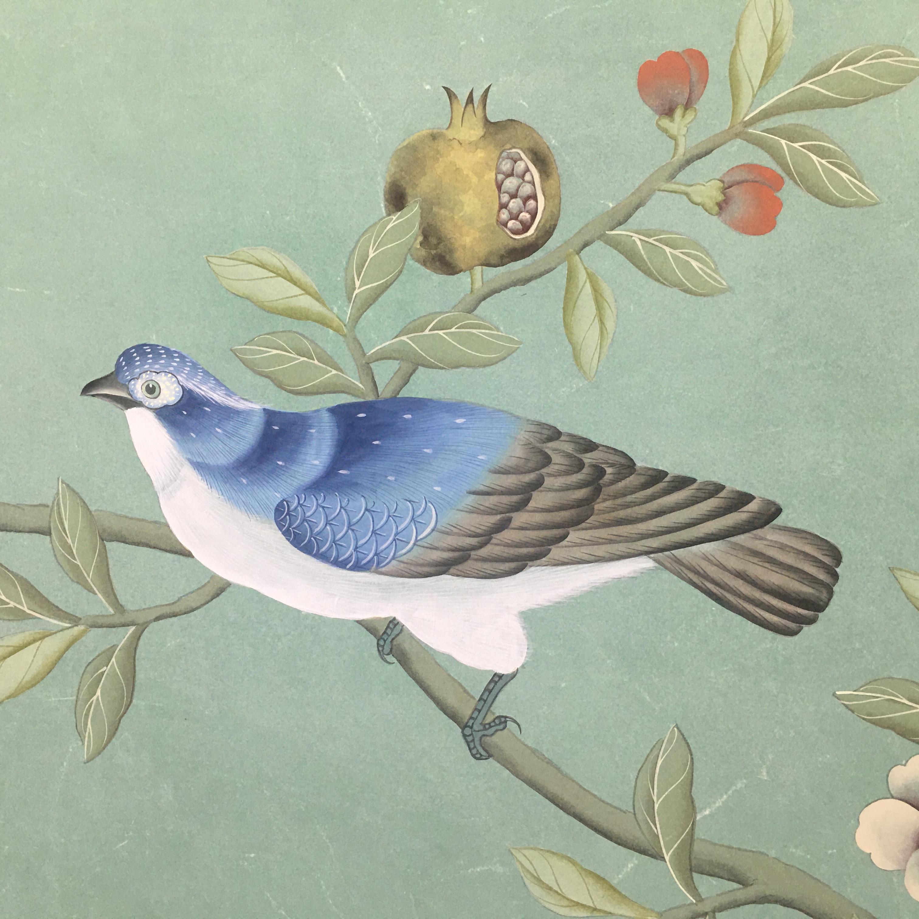 Hand-Painted Peacock Chinoiserie Wallpaper Hand Painted Wallpaper on EDO Silk, Accept Custom