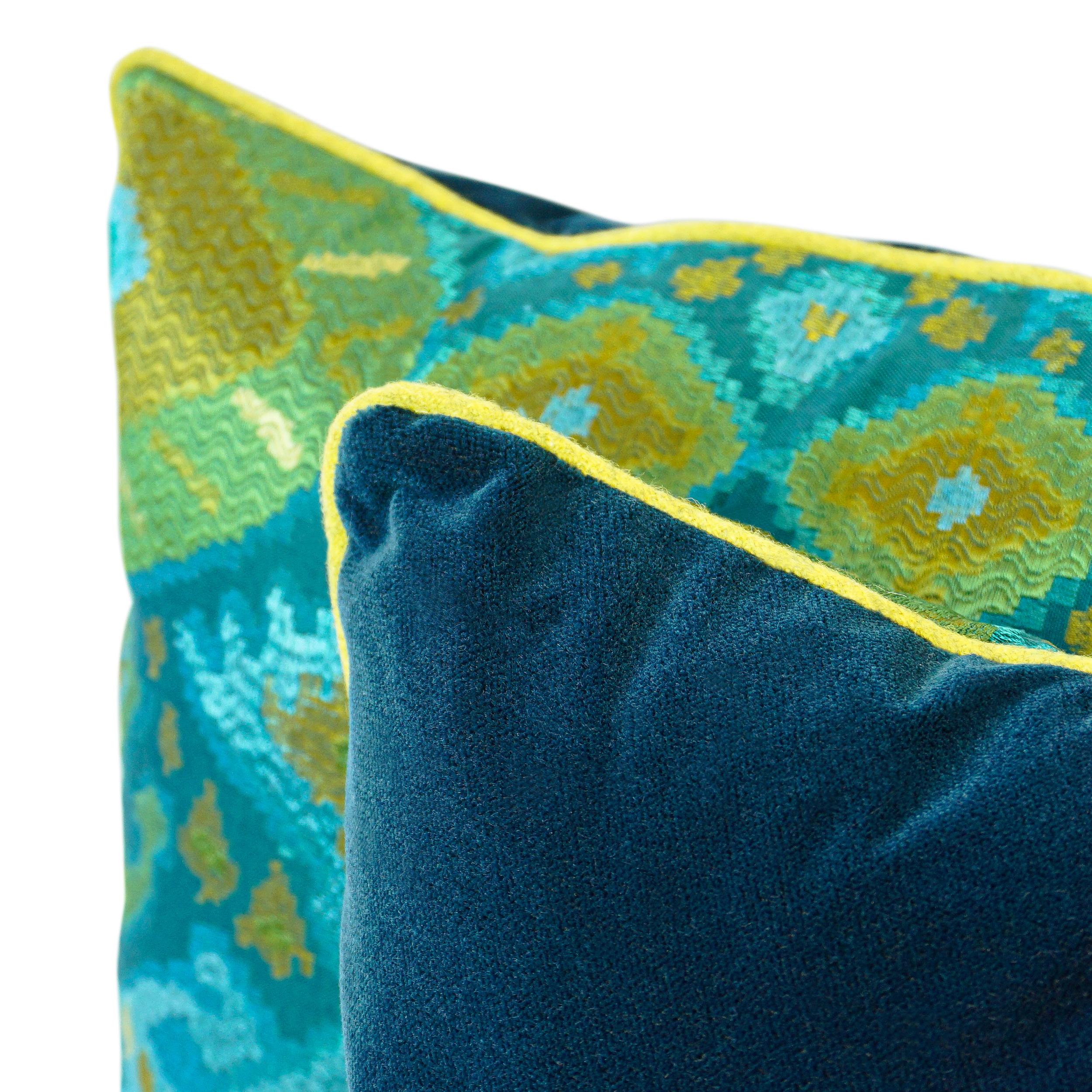 Velvet Peacock Color Ikat Inspired Throw Pillows For Sale