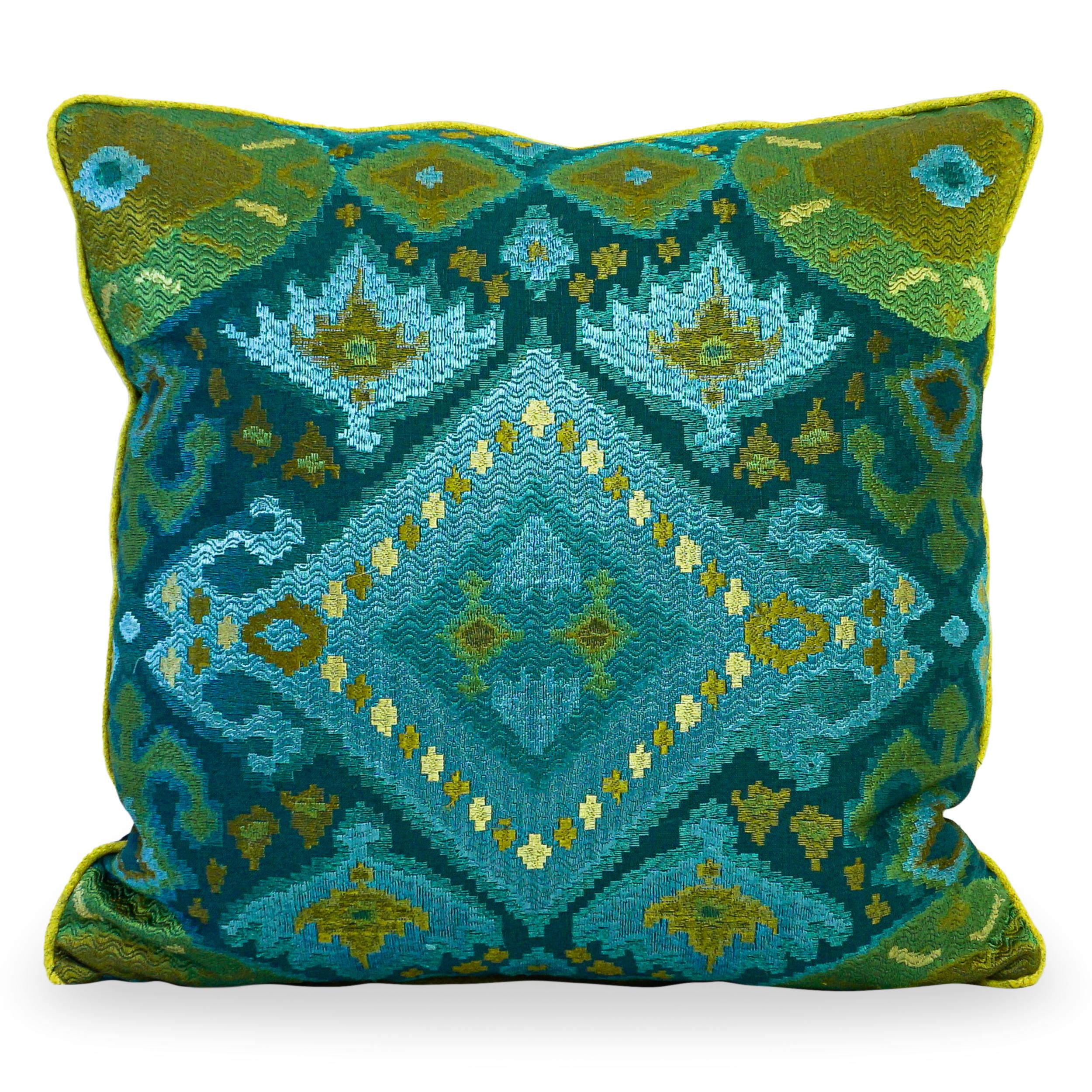 Handmade throw pillows with Jim Thompson peacock color fabric on face and deep green blue velvet back. Down/feather insert and invisible zipper.

Measurements:
Overall: 18”W x 18”H

Price As Shown: $1,030 as a pair
Customization may change