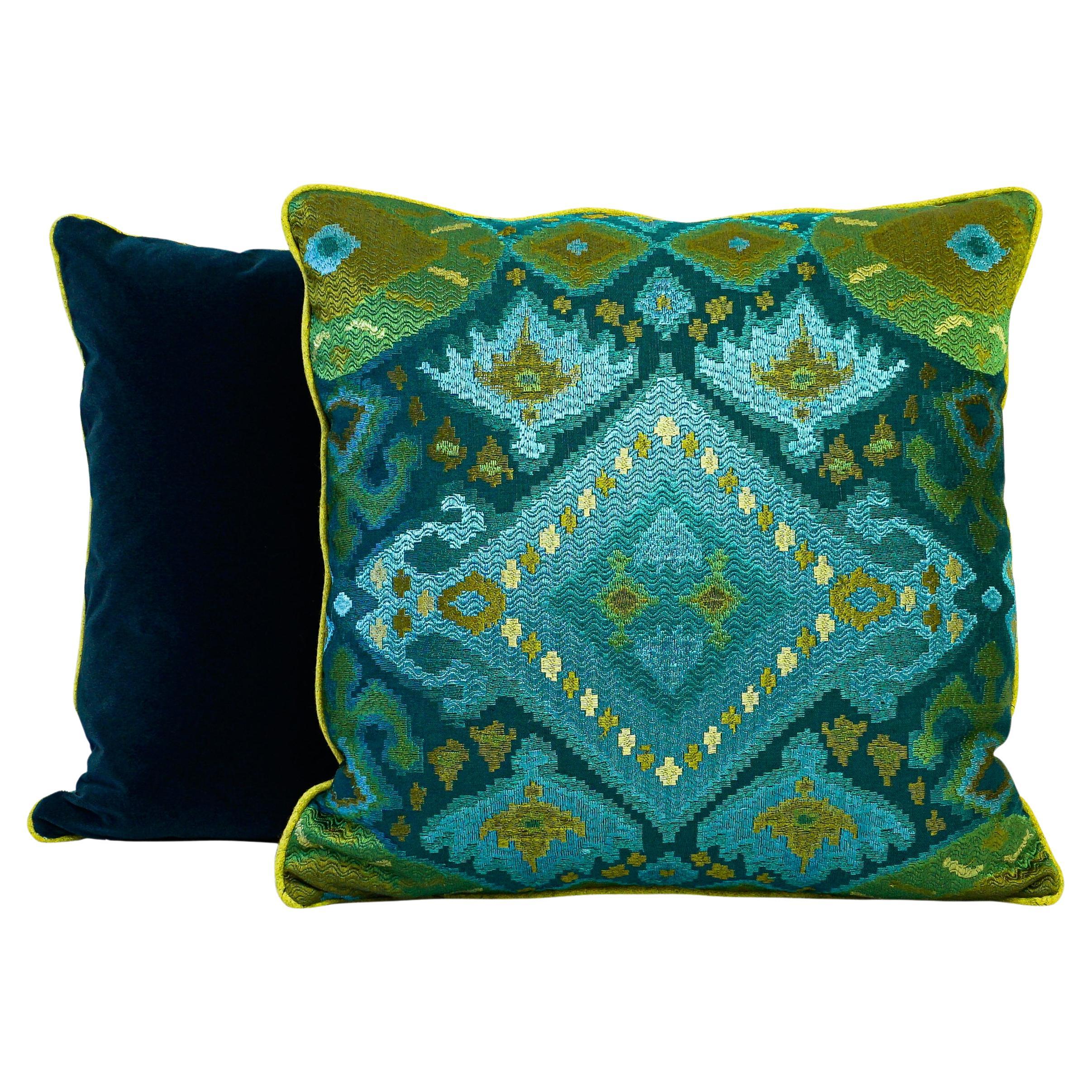 Peacock Color Ikat Inspired Throw Pillows For Sale