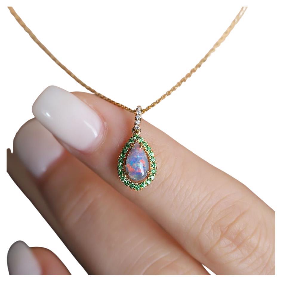 Peacock Design Boulder Opal Diamond Tsavorite Necklace