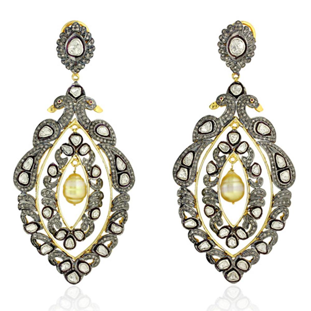 Rose Cut Peacock Design Rosecut Diamond & Pearls Earring Set in Silver and 18K Gold For Sale