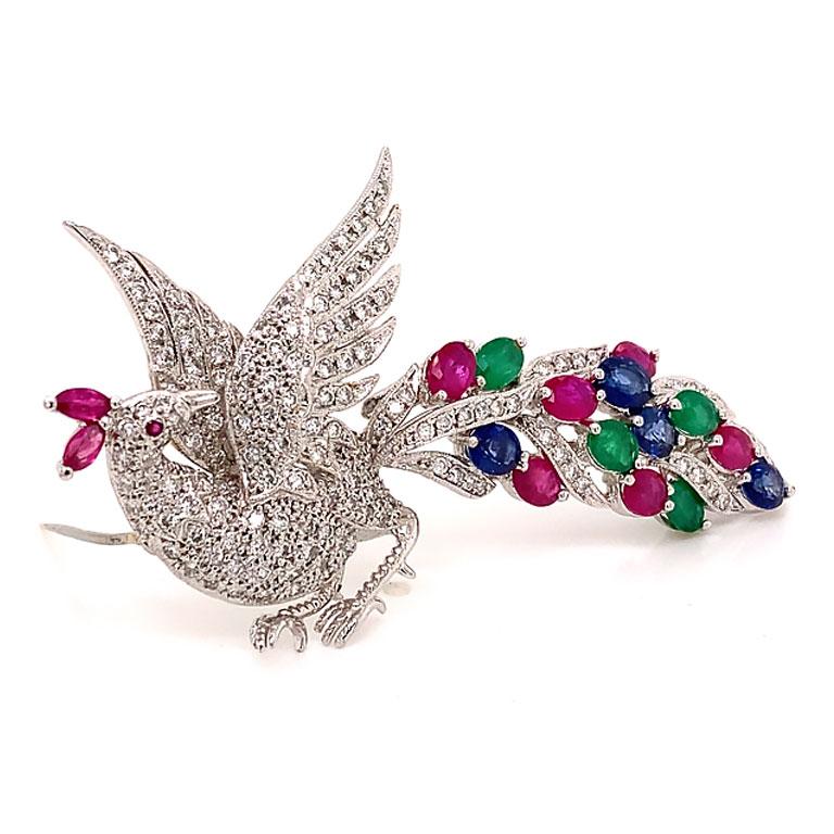 Peacock Diamond Ruby Sapphire and Emerald Brooch in 18k White Gold