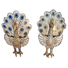 Peacock earrings, vintage, made from silver and enamel, Asian, circa 1930