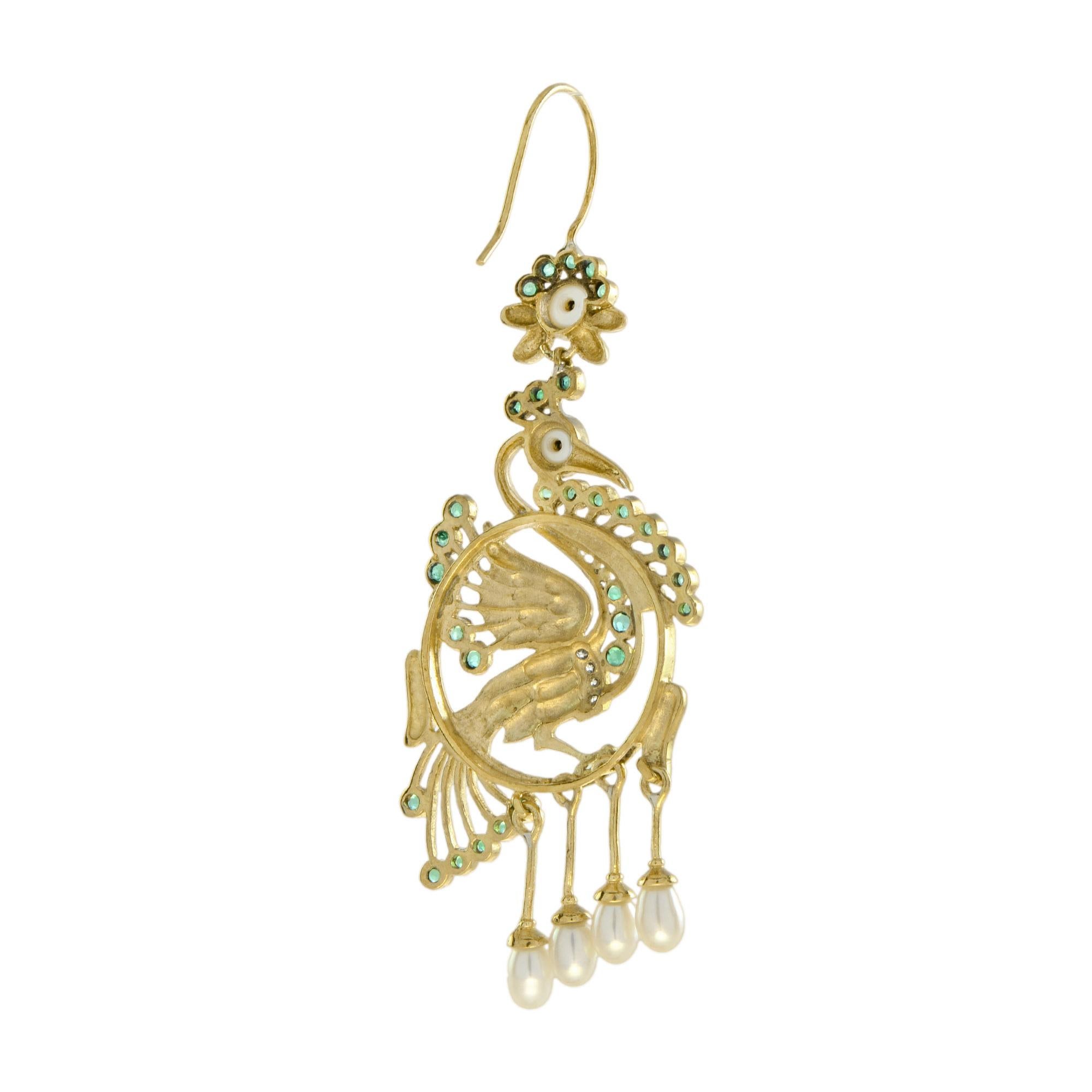 Peacock Emerald Diamond and Pearl Dangle Earrings in 14K Yellow Gold In New Condition For Sale In Bangkok, TH