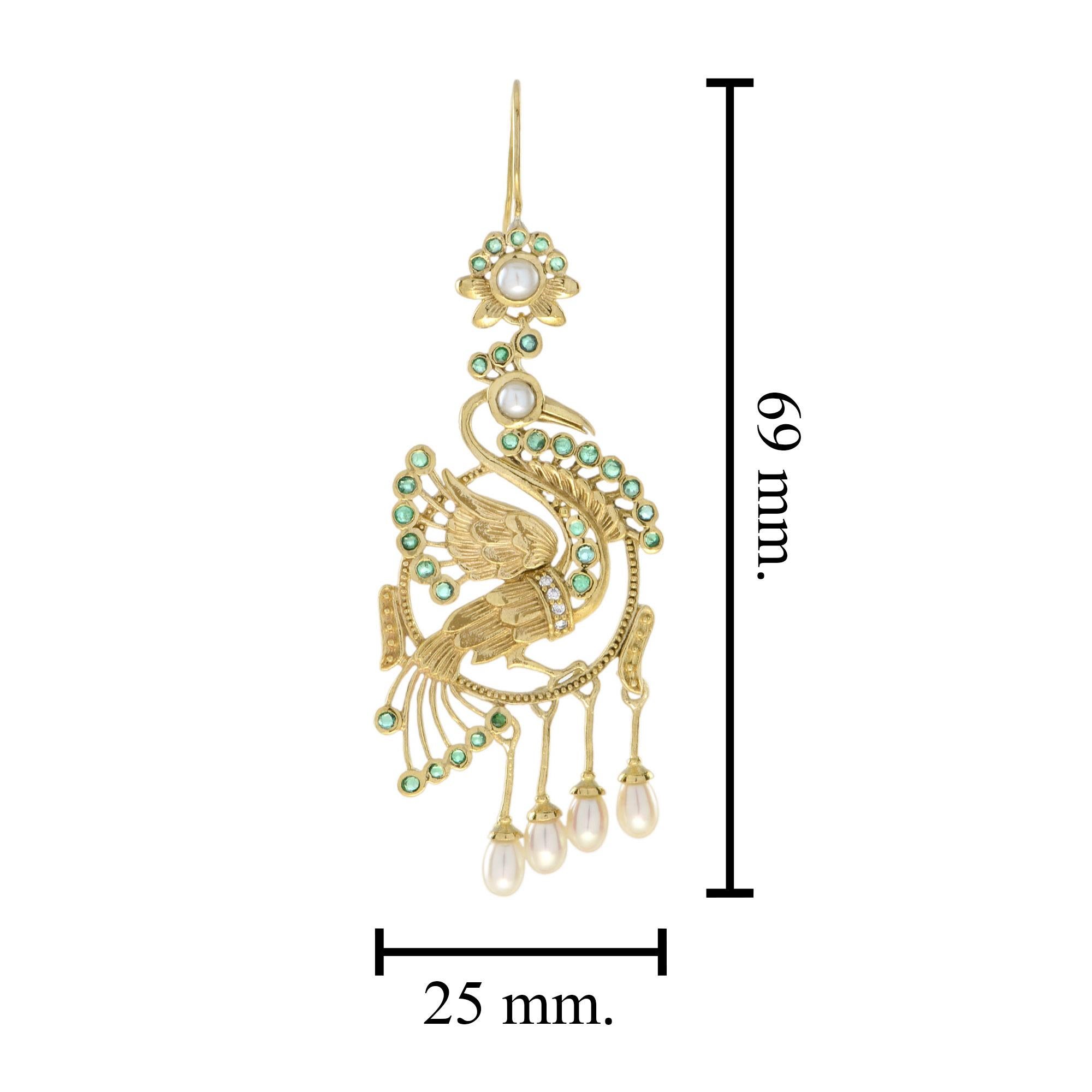 Women's Peacock Emerald Diamond and Pearl Dangle Earrings in 14K Yellow Gold For Sale