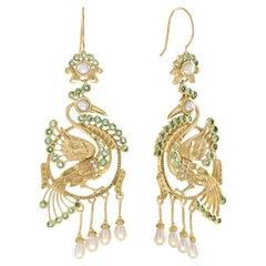 Peacock Emerald Diamond and Pearl Dangle Earrings in 14K Yellow Gold