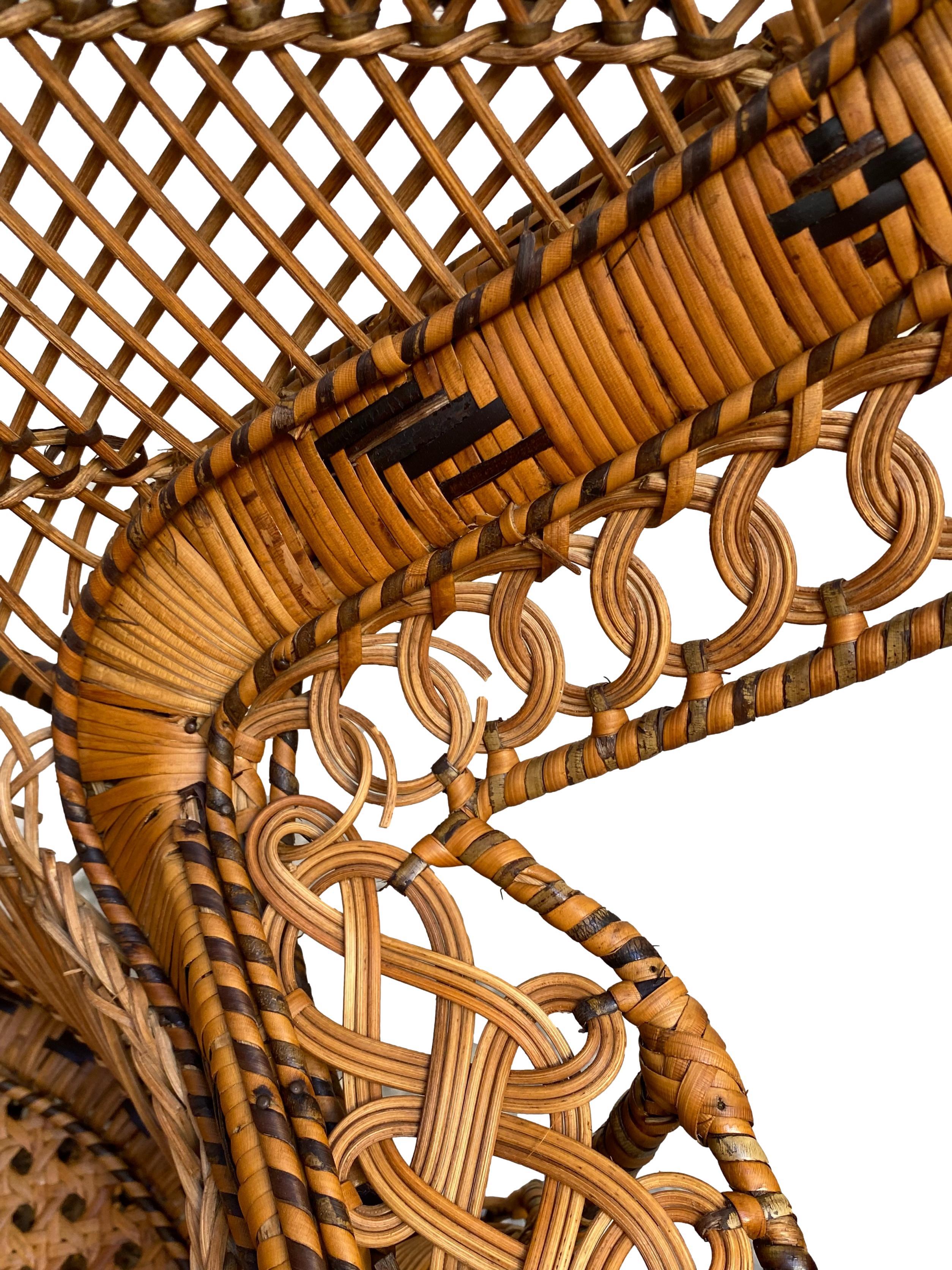 Mid-Century Modern Peacock Emmanuelle High Back Wicker Throne Armchair