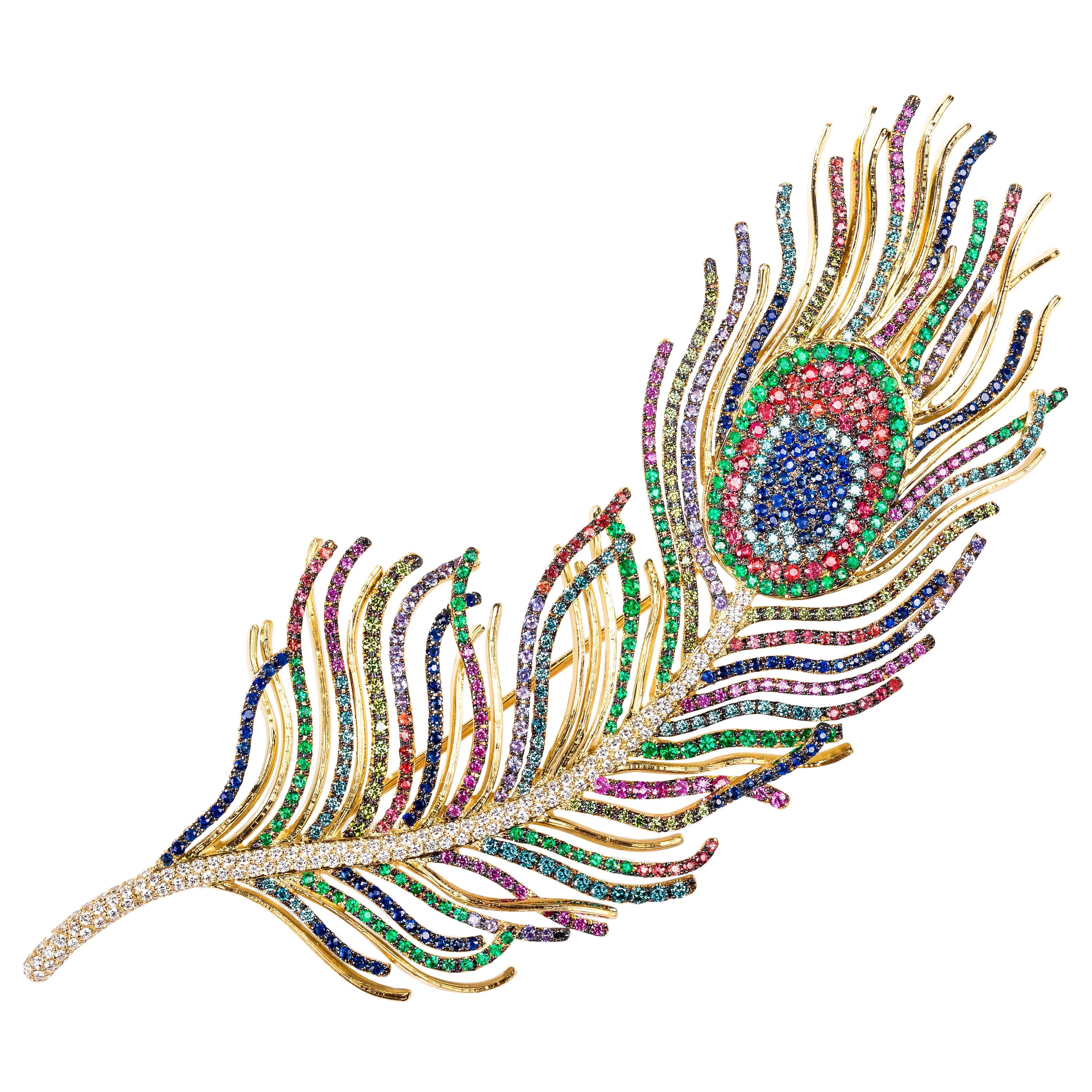 Diamond, Sapphire and Emerald "Peacock Feather" Brooch and Pendant Necklace