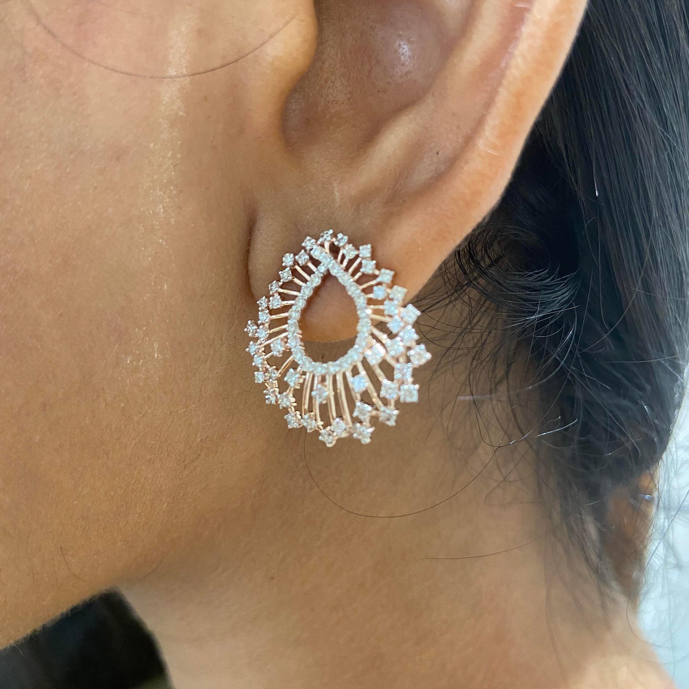 Art déco Boucles d'oreilles plume de paon en or massif 14K (certifié) en vente