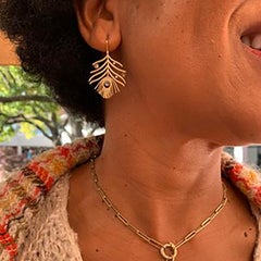 Peacock Feather Earrings, 18k Yellow Gold