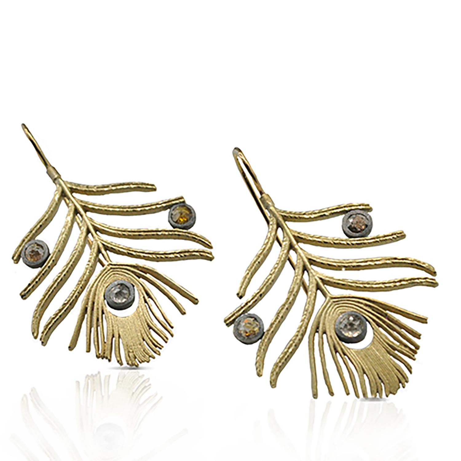 Artisan Peacock Feather Earrings, 18k Yellow Gold For Sale