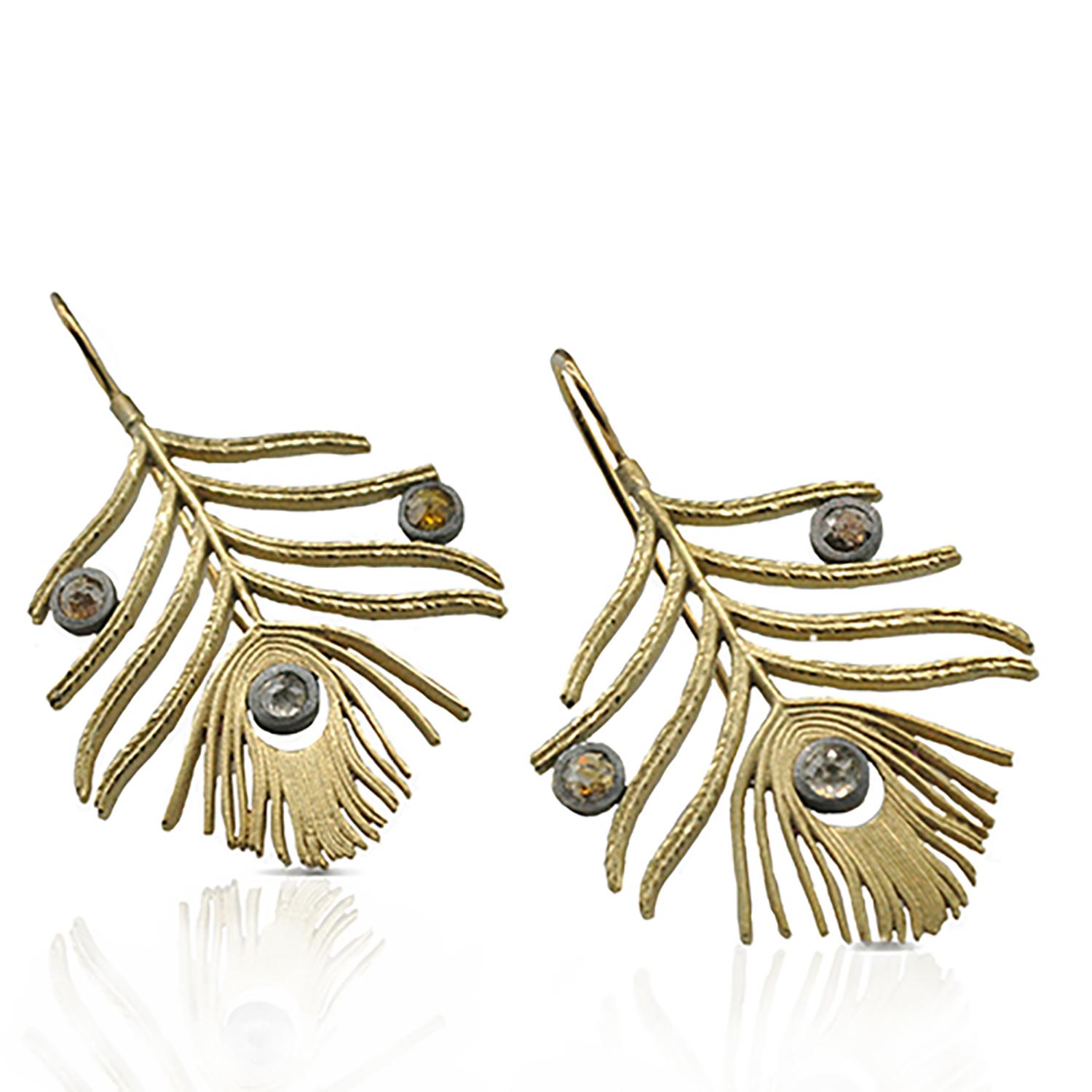 peacock feather gold earrings