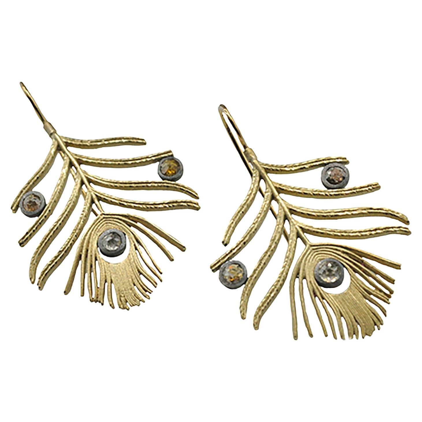 Boucles d'oreilles en plumes de paon, or jaune 18k