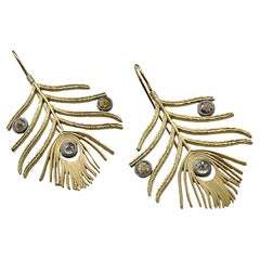 Peacock Feather Earrings, 18k Yellow Gold