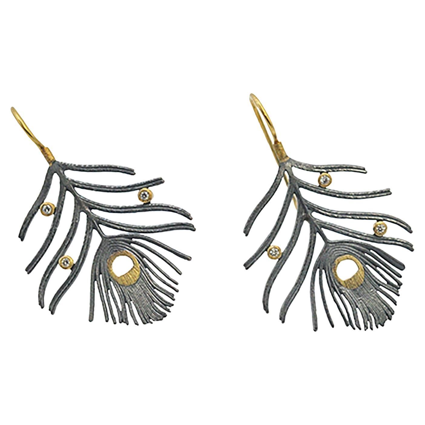 Peacock Feather Earrings, Oxidized Silver