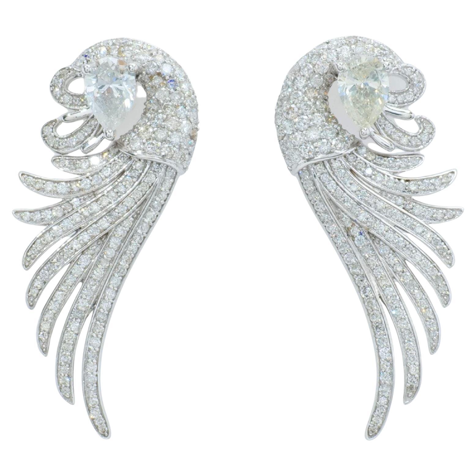 Peacock Feather Natural Diamond Earrings in 14K Solid Gold (Certified) For Sale