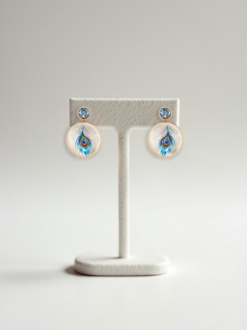 Mother Of Pearl Shell Stud Earrings with topaz and peacoc feather drawing. Handmade Paint Peacock feather Shell Earrings with moissanite. Beach Wedding bridal stud earrings. Mother of pearl beach earrings. Shell paint earrings. Wearable art earrings