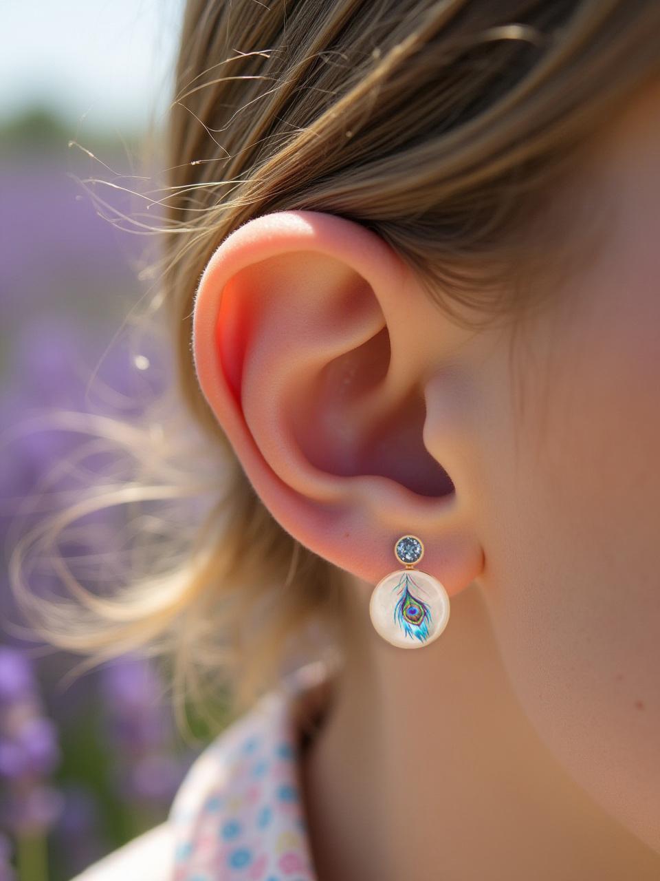 Taglio rotondo Peacock feather painting on Mother Of Pearl Shell Stud Earrings with topaz in vendita