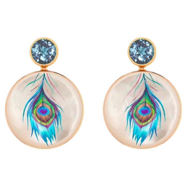 Peacock feather painting on Mother Of Pearl Shell Stud Earrings with topaz
