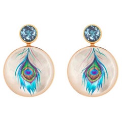 Peacock feather painting on Mother Of Pearl Shell Stud Earrings with topaz