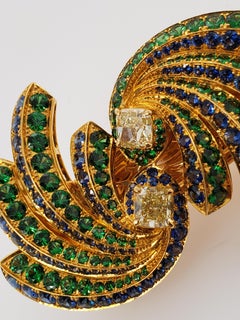 "Peacock" GIA Certified Yellow Diamond, Sapphire & Tsavorite Brooch or Hairclip
