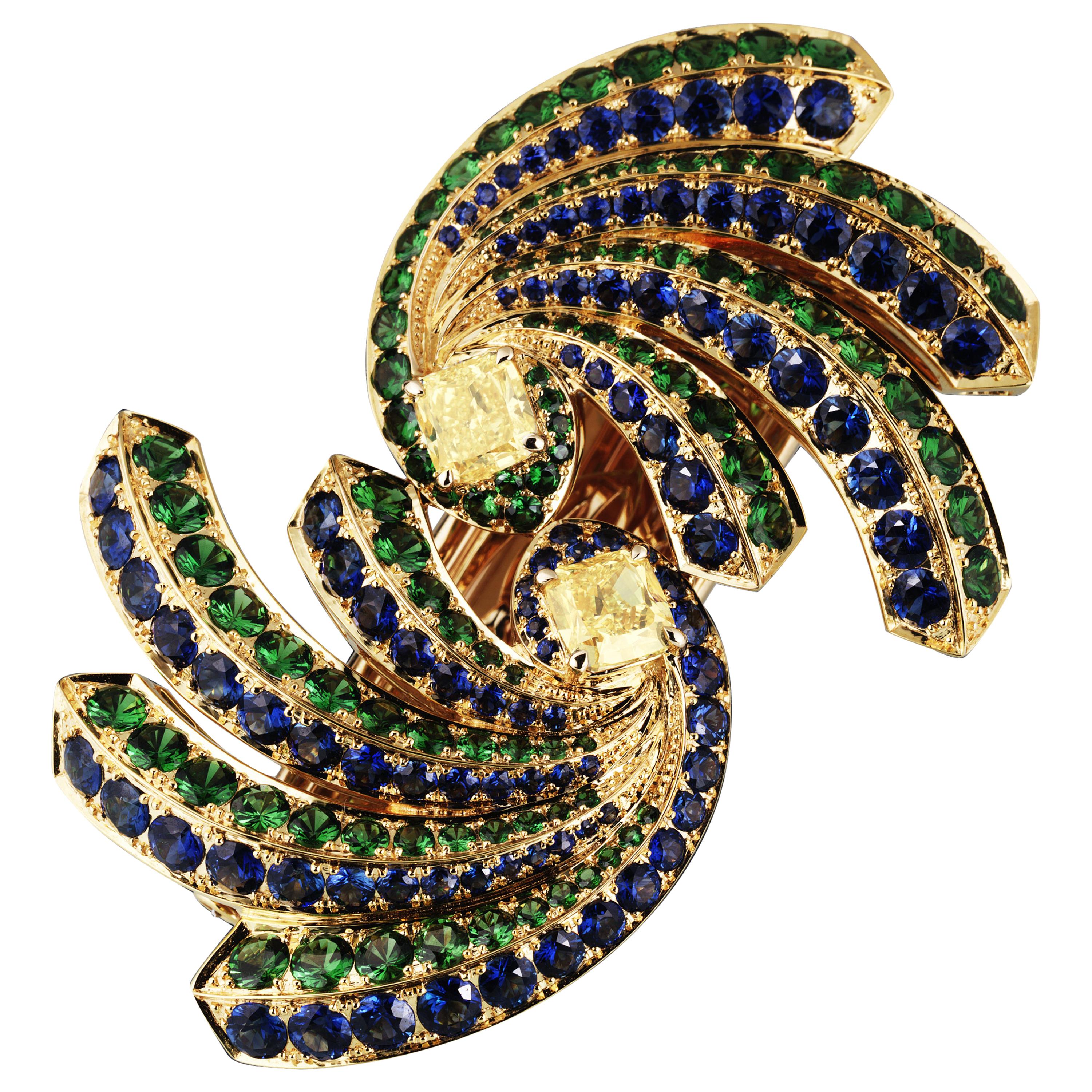 "Peacock" GIA Certified Yellow Diamond, Sapphire & Tsavorite Brooch or Hairclip For Sale
