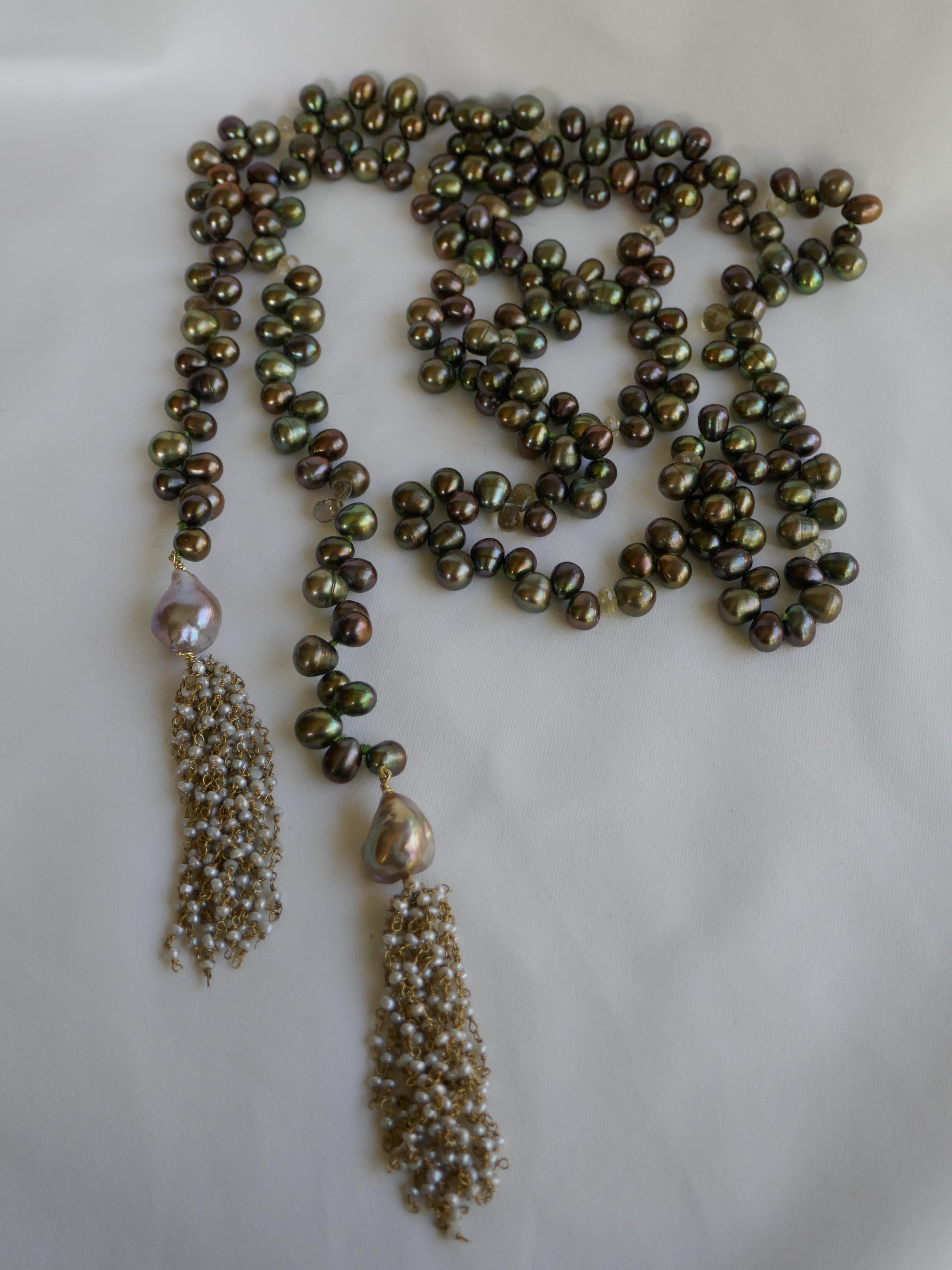 Peacock Green Cultured Drop Pearls Baroque Pearls Citrine Tassel Lariat Necklace In New Condition For Sale In Coral Gables, FL