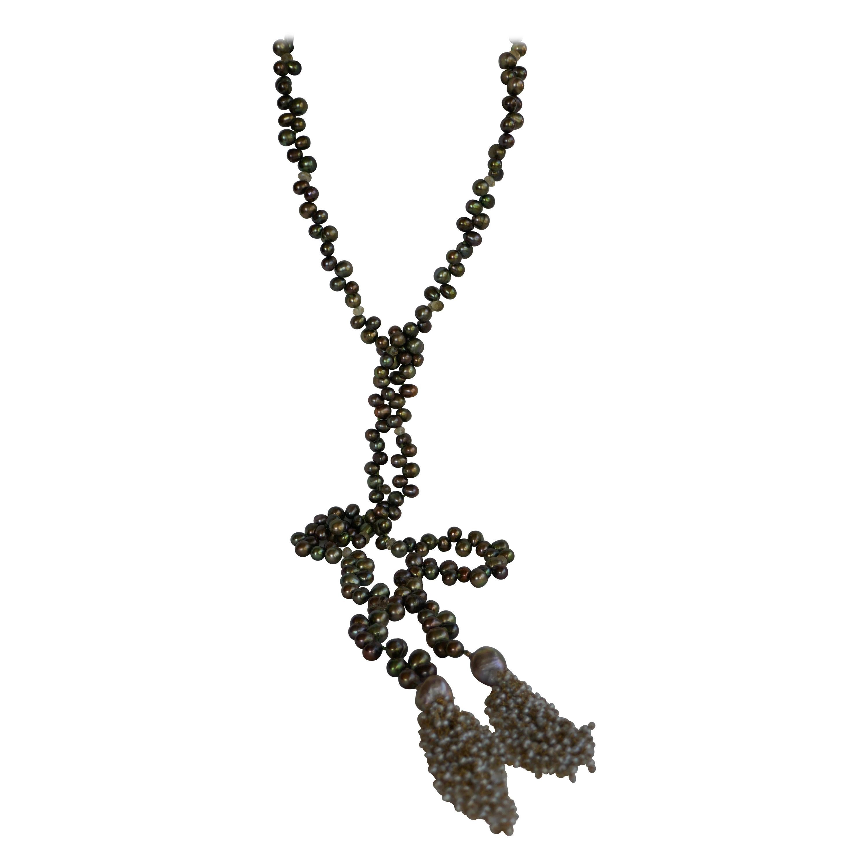 Peacock Green Cultured Drop Pearls Baroque Pearls Citrine Tassel Lariat Necklace For Sale