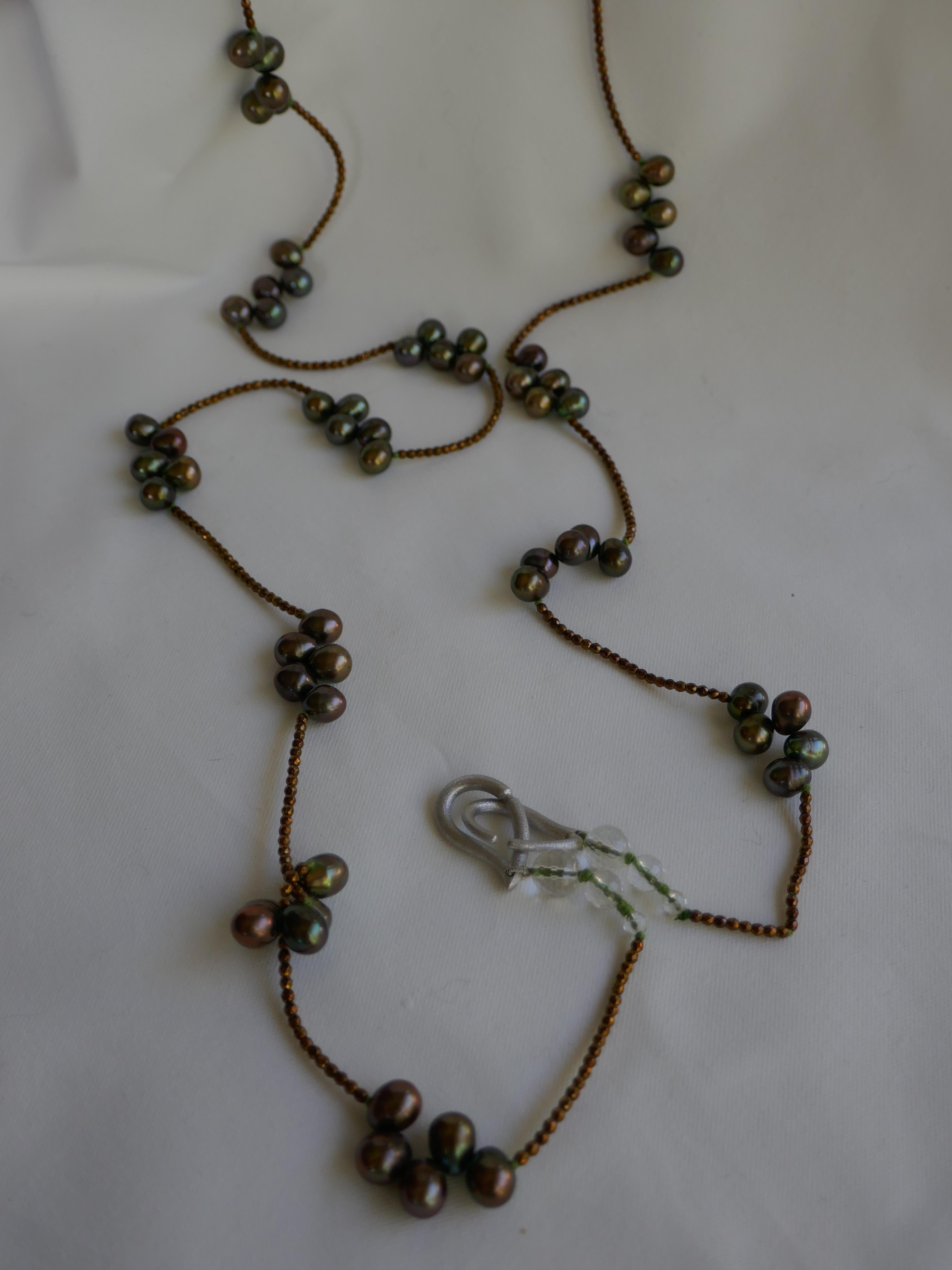 Contemporary Peacock Green Cultured Pearls Copper Plated Hematite 925 Silver Long Necklace For Sale