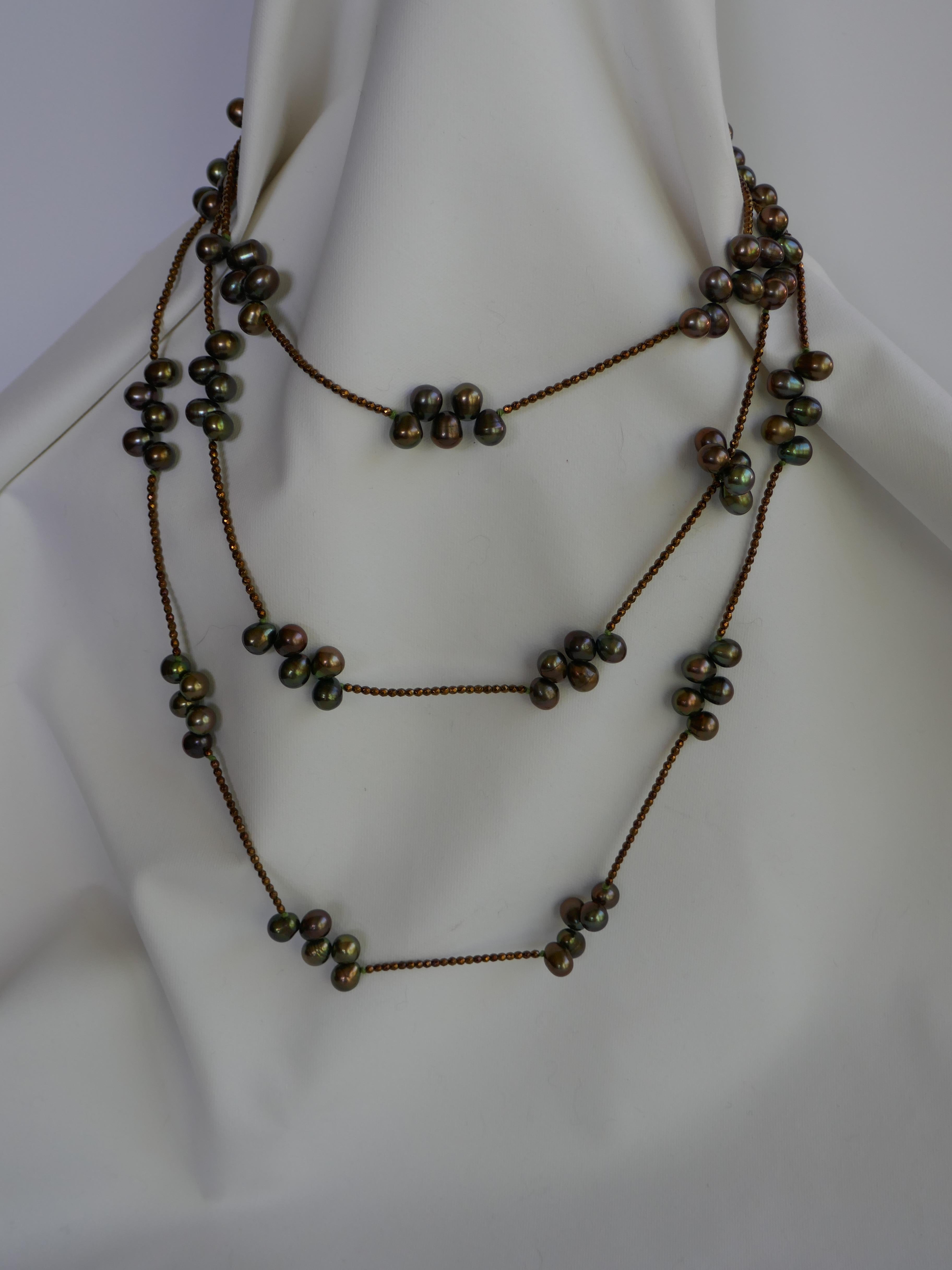 Women's Peacock Green Cultured Pearls Copper Plated Hematite 925 Silver Long Necklace For Sale