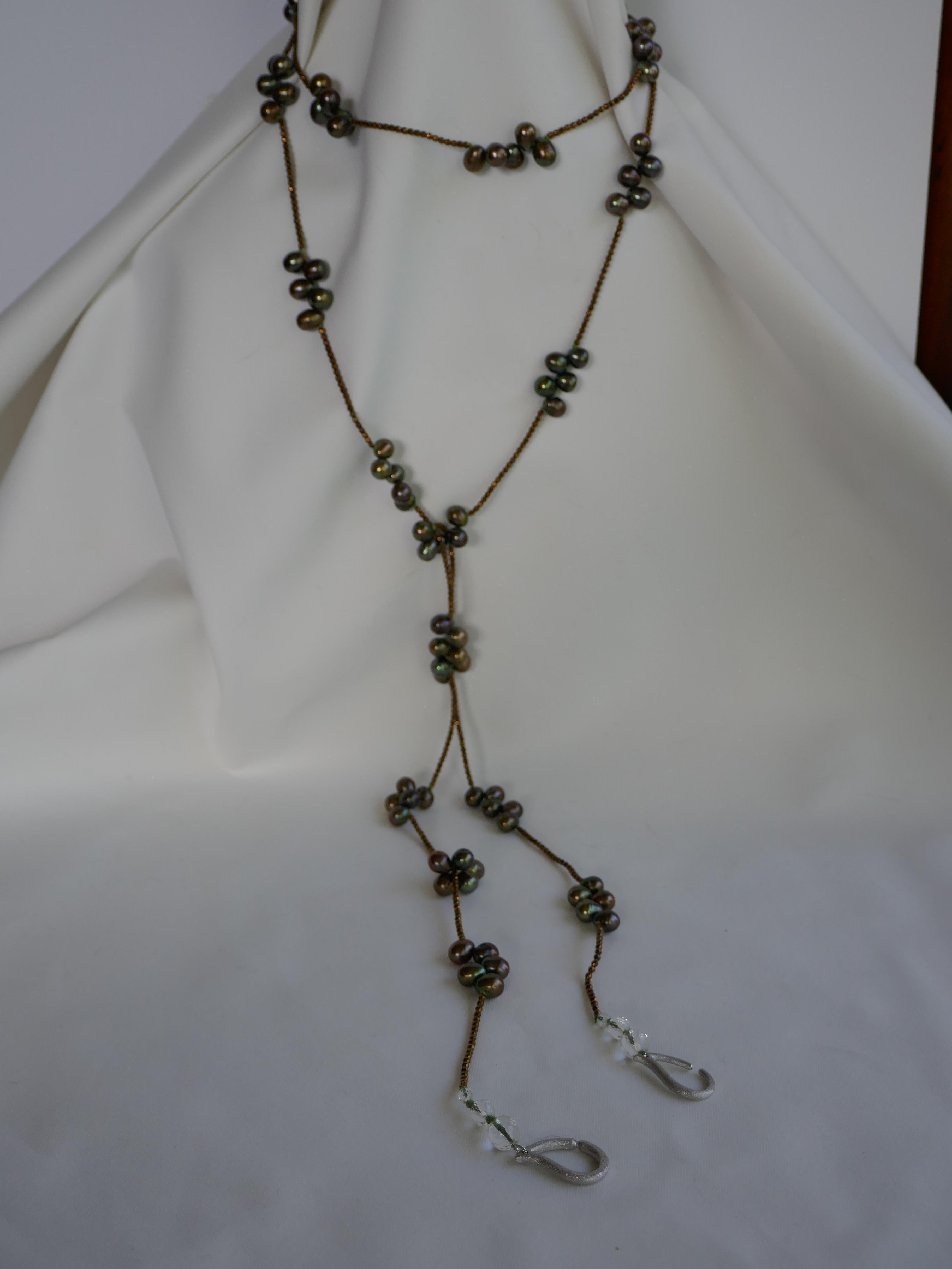 Peacock Green Cultured Pearls Copper Plated Hematite 925 Silver Long Necklace For Sale 2