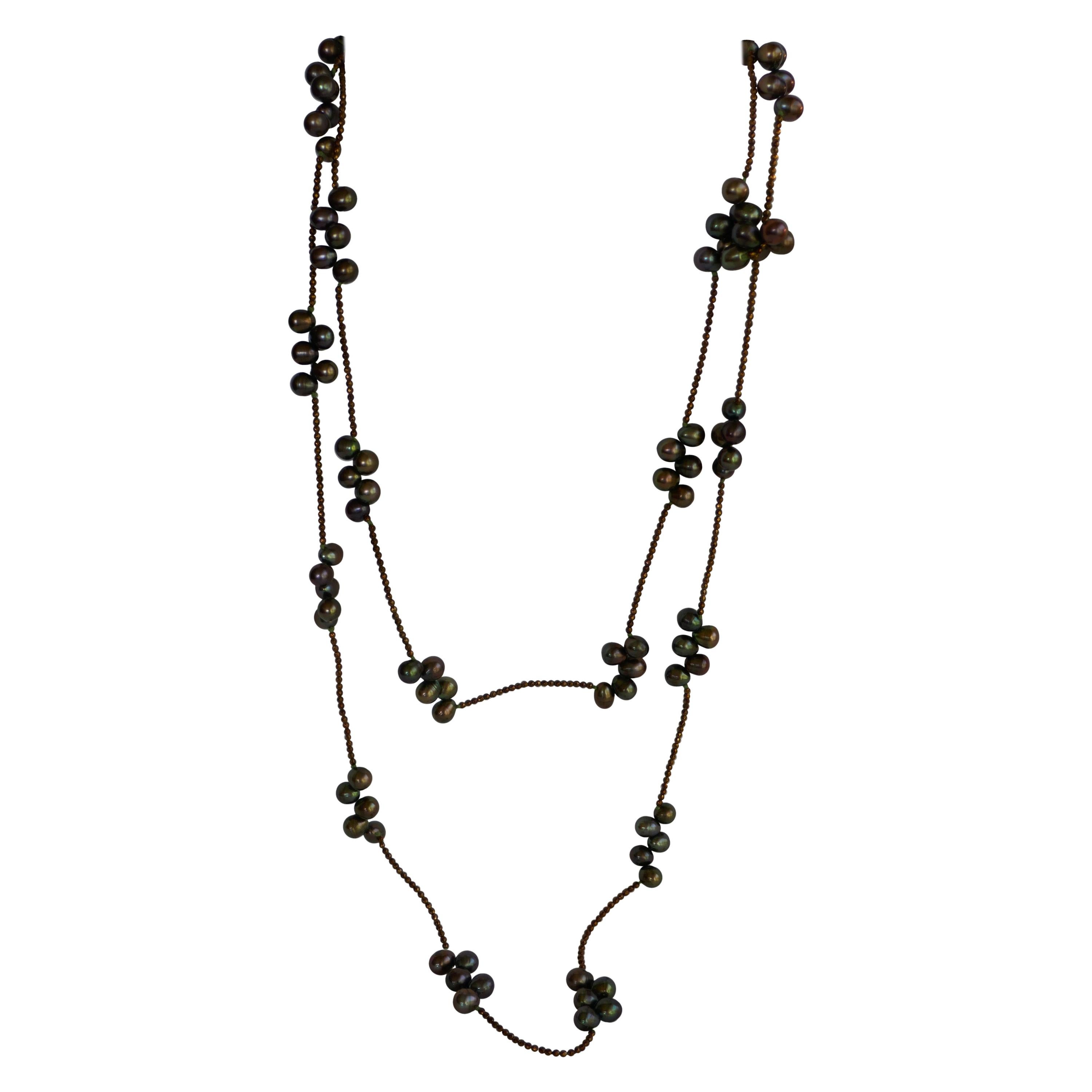 Peacock Green Cultured Pearls Copper Plated Hematite 925 Silver Long Necklace For Sale